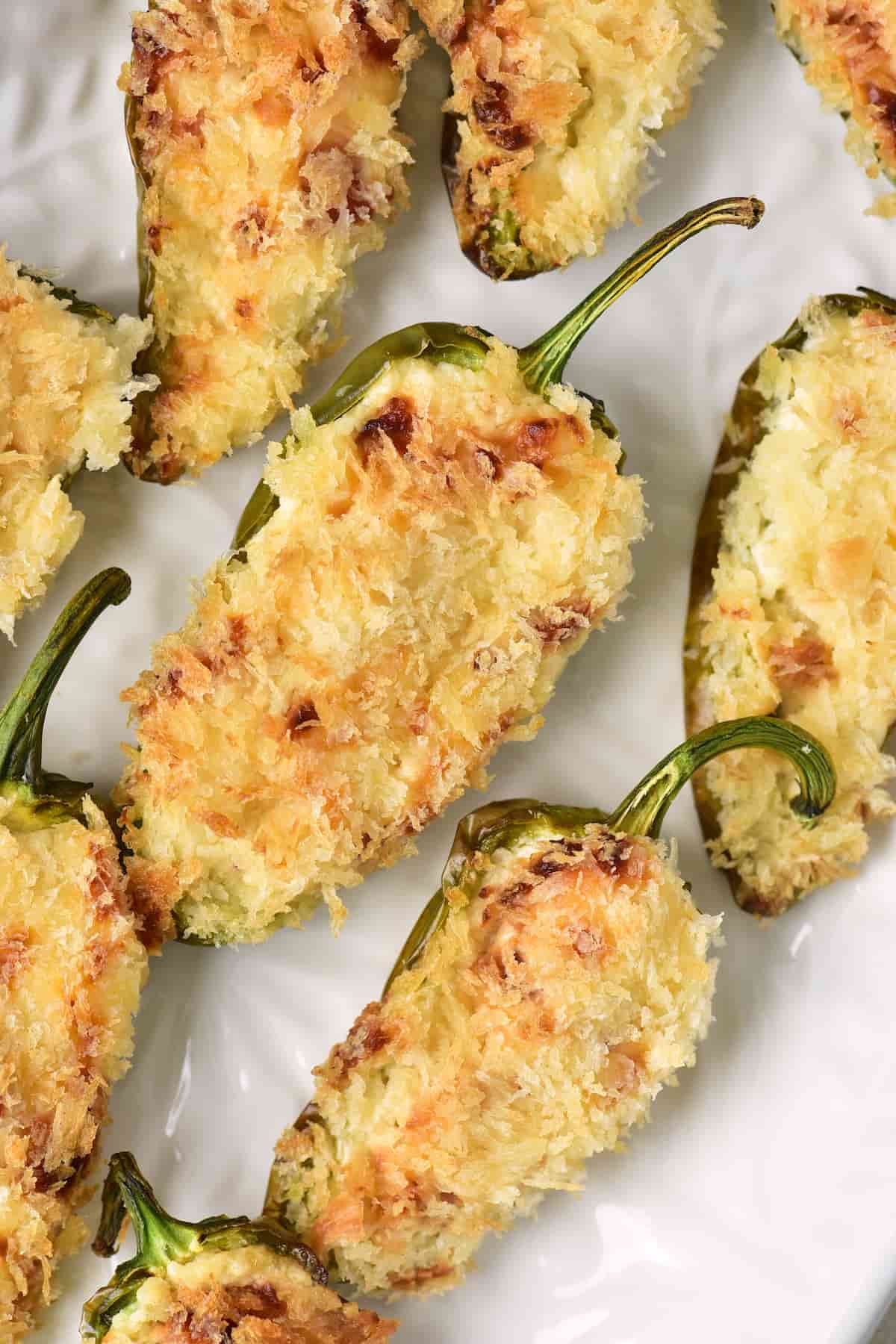 Close-up of several baked jalapeño poppers, halved and filled with a creamy mixture, topped with golden-brown panko breadcrumbs on a white plate.