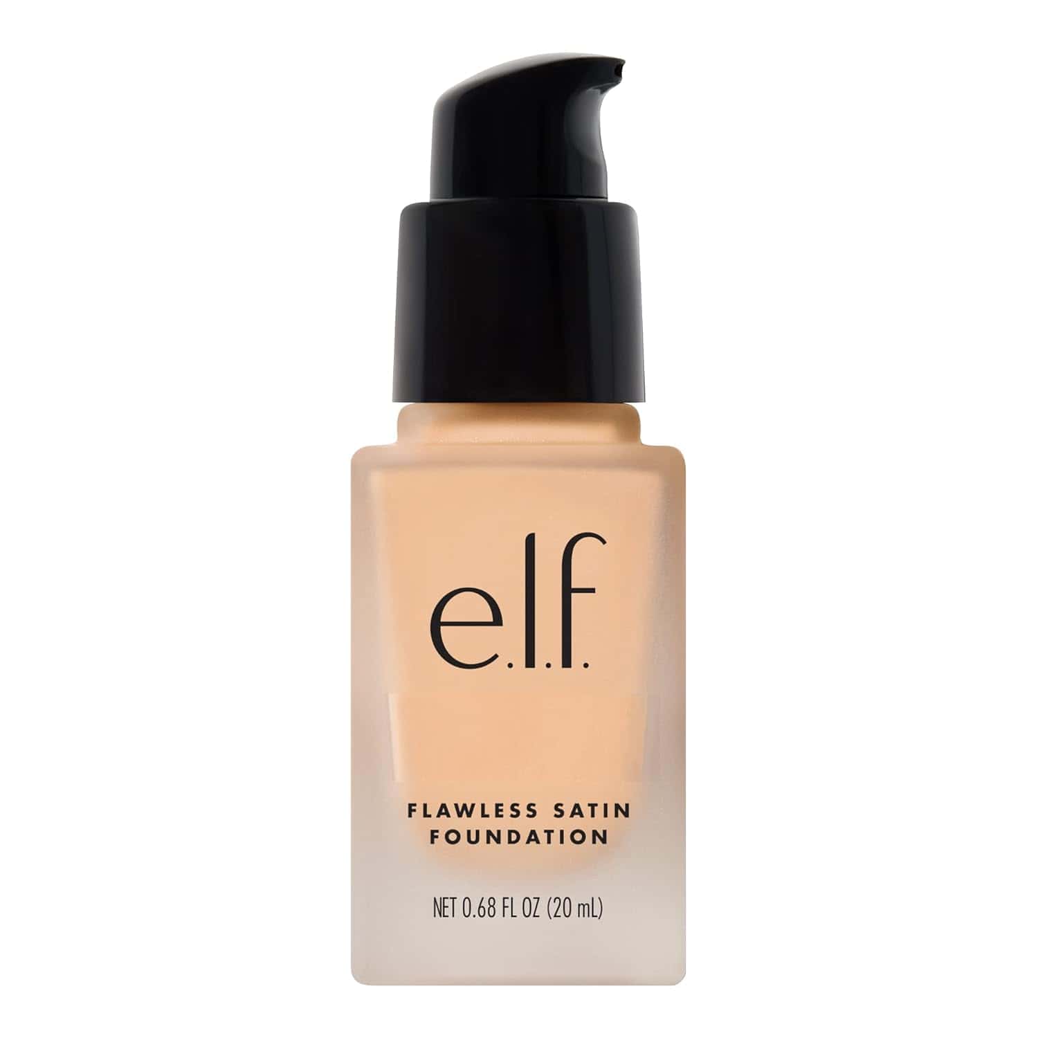 A bottle of e.l.f. Flawless Satin Foundation with a black pump dispenser, containing 0.68 fl oz (20 mL) of product.
