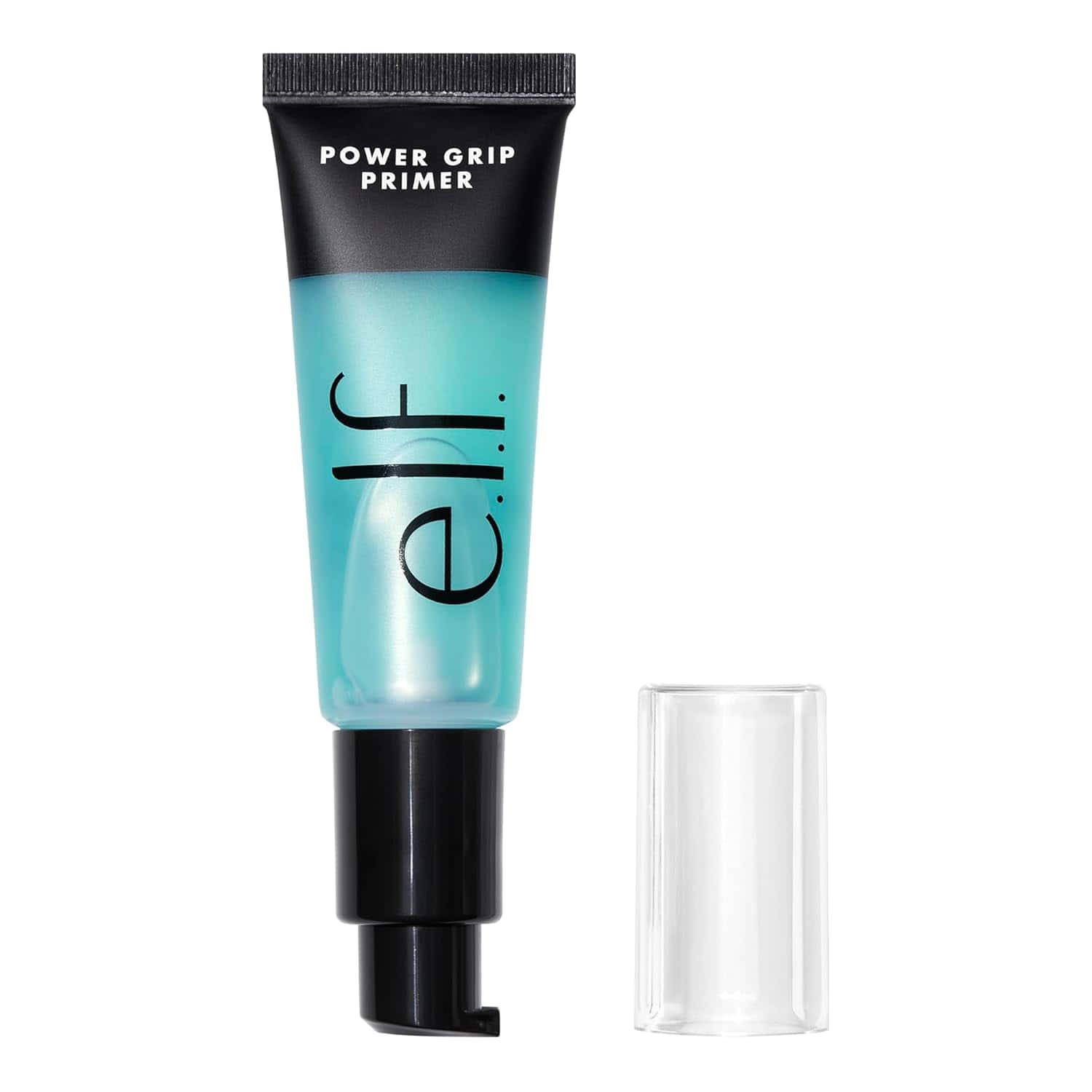 A tube of e.l.f. Power Grip Primer with a clear plastic cap removed and placed beside it.