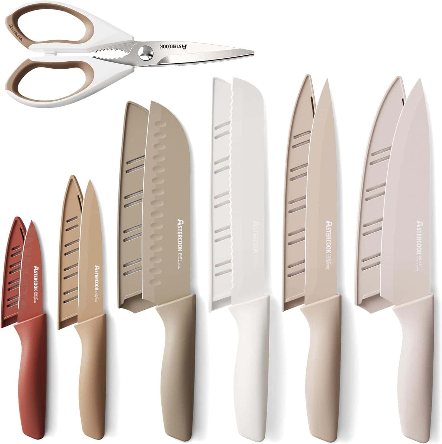 A set of six kitchen knives with matching blade covers in various sizes and colors, accompanied by a pair of kitchen scissors, arranged on a white background.