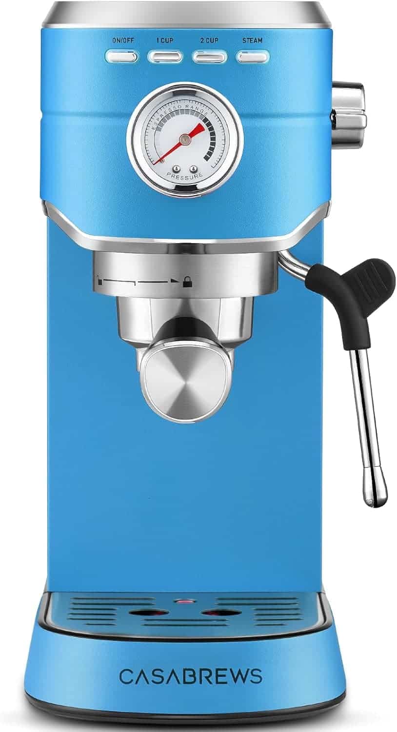A blue Casabrews espresso machine with a pressure gauge, control buttons, portafilter, and steam wand.