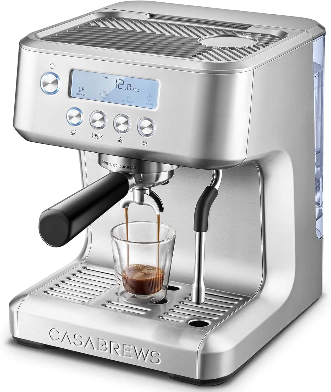 A stainless steel CASABREWS espresso machine dispensing espresso into a glass cup, with a digital display and control buttons on the front panel.