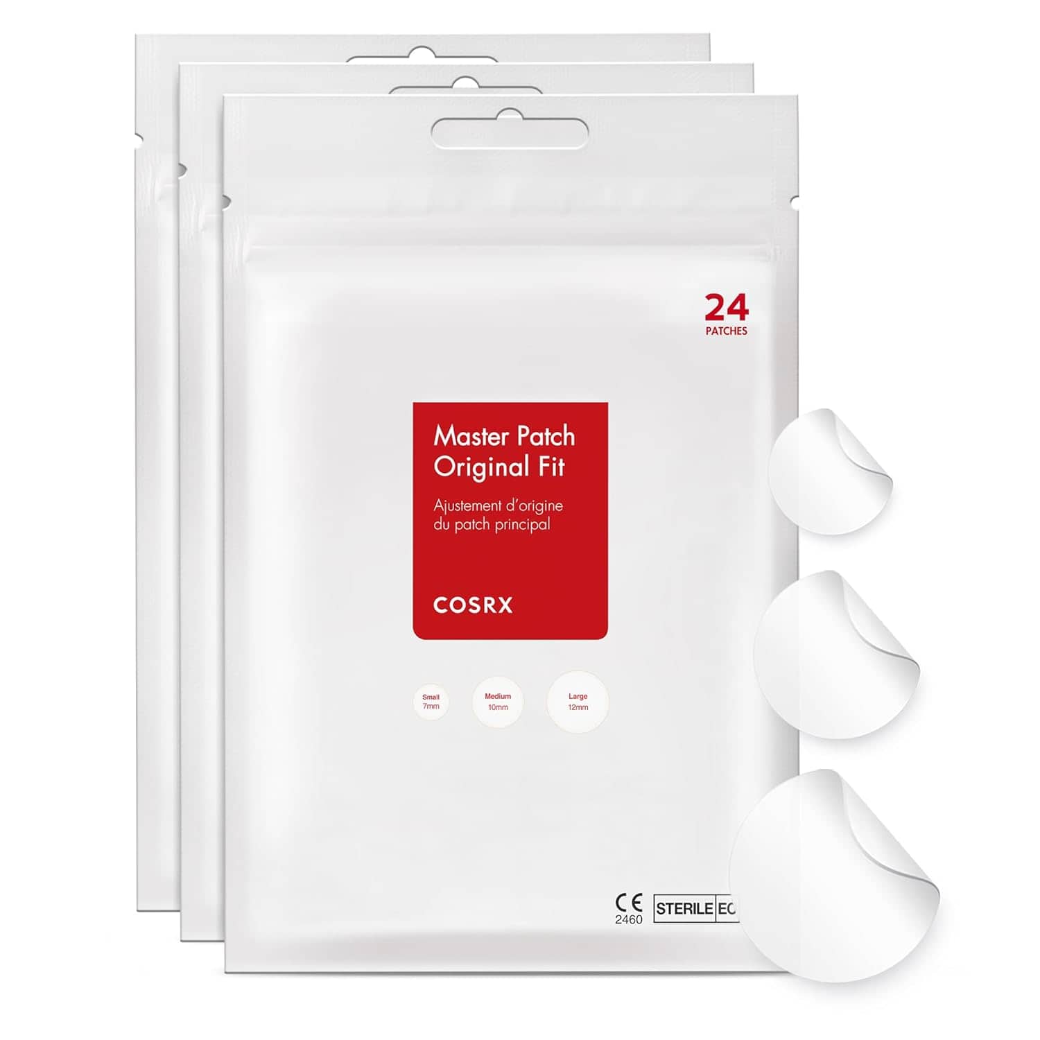 Three packages of COSRX Master Patch Original Fit pimple patches are shown against a white background.