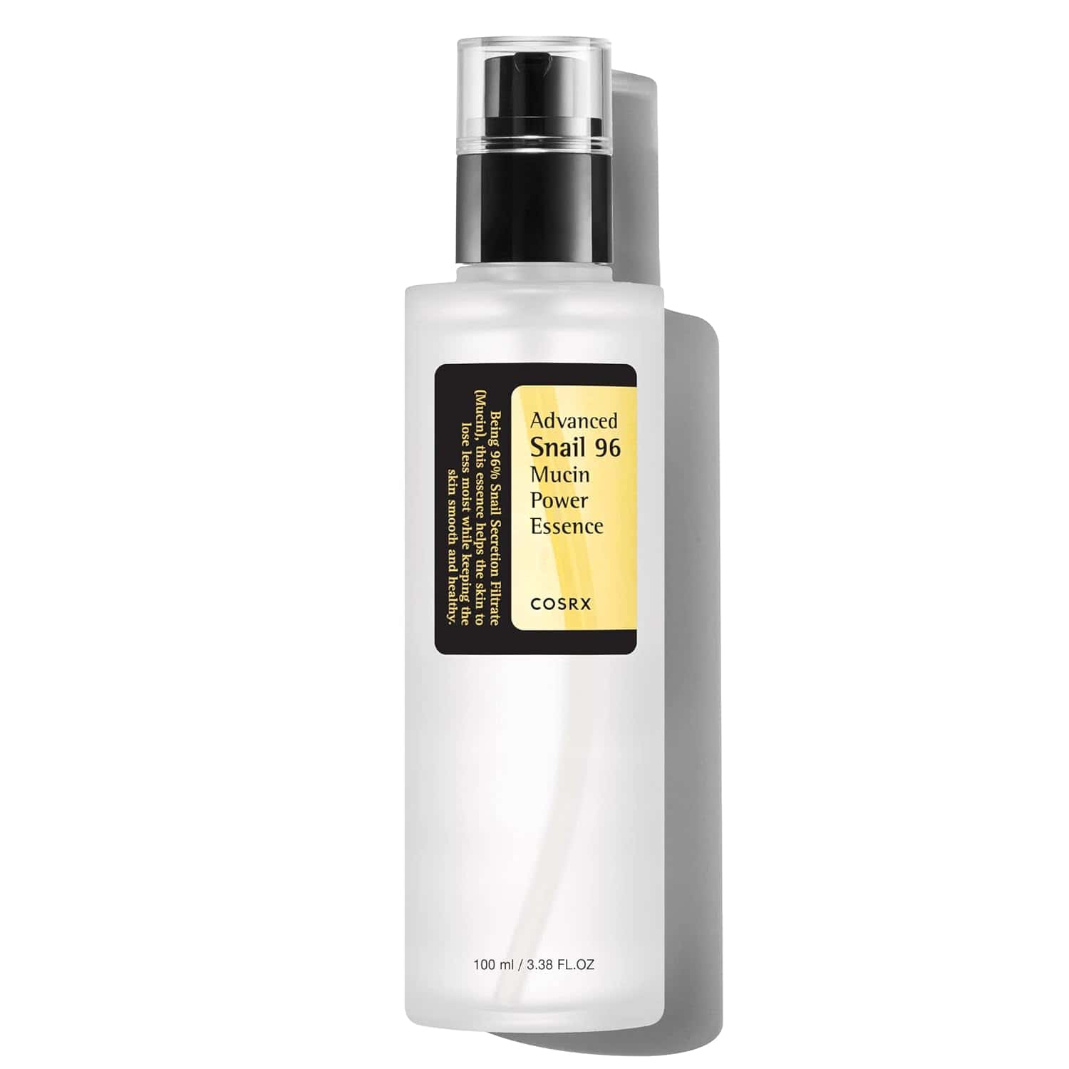 A bottle of COSRX Advanced Snail 96 Mucin Power Essence is shown against a white background.