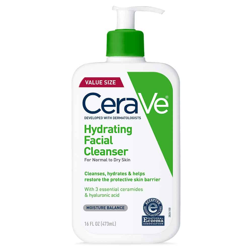 A bottle of CeraVe Hydrating Facial Cleanser is shown against a white background.