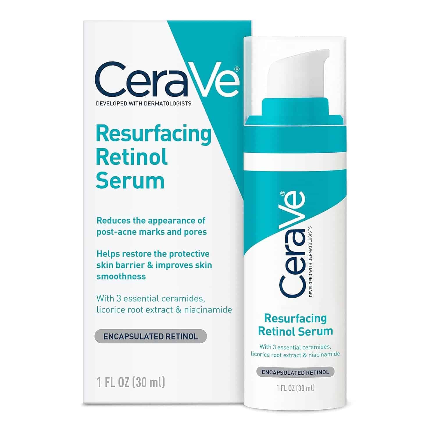 A bottle of CeraVe Resurfacing Retinol Serum with its box is shown against a white background.