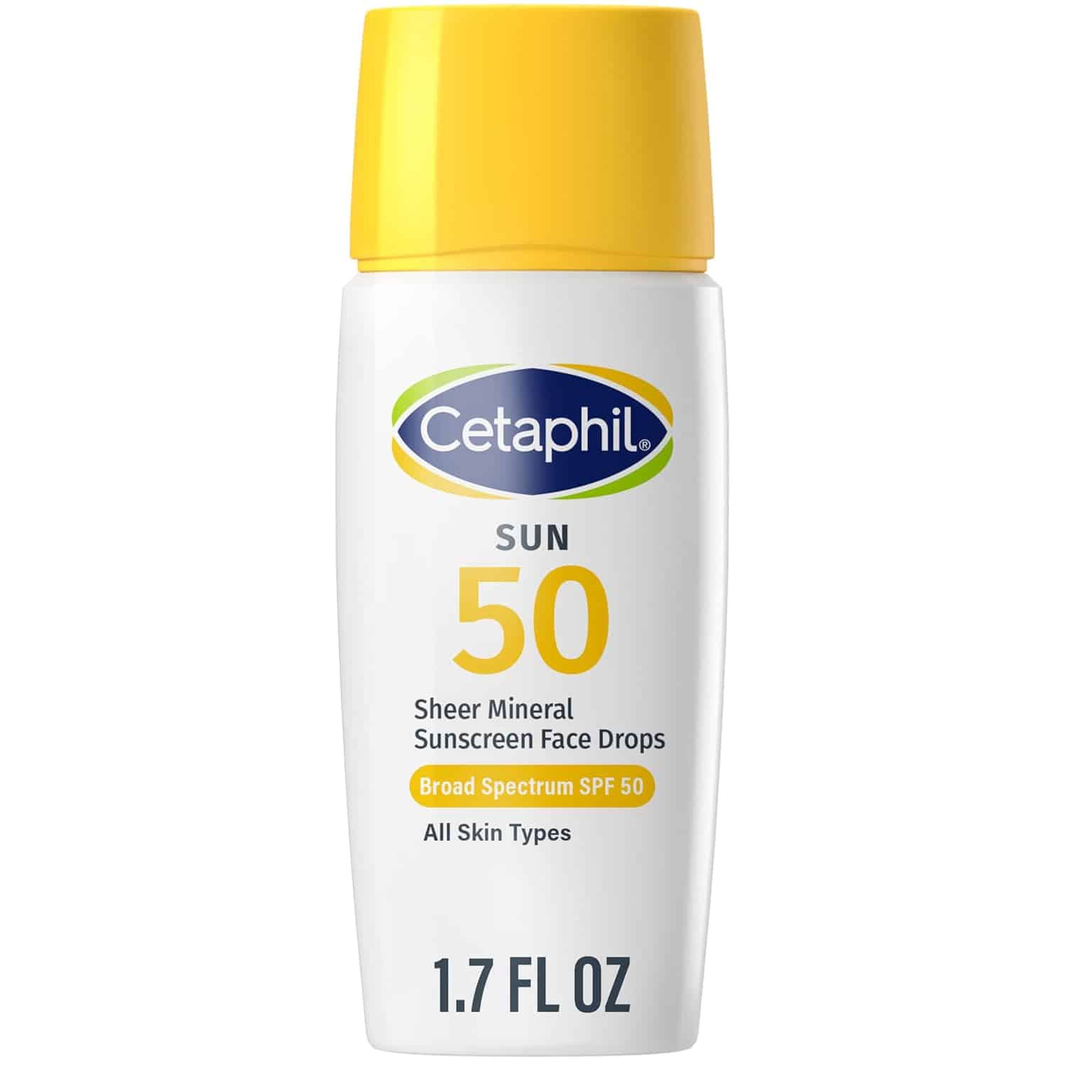 A bottle of Cetaphil Sun Sheer Mineral Sunscreen Face Drops SPF 50 is shown against a white background.
