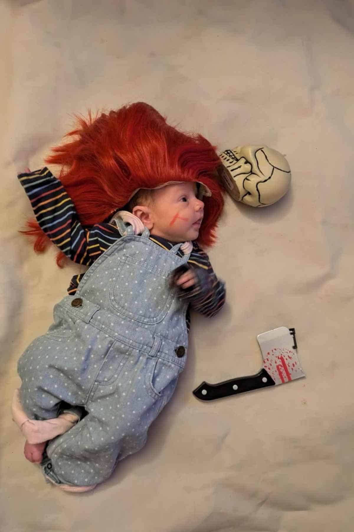 A baby on bed, wearing a red wig with a toy ax with fake blood and a skull, imitating the character of Chucky.