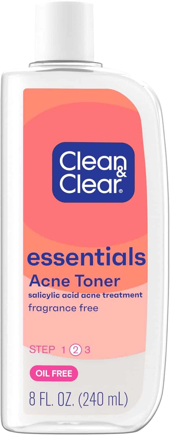 A bottle of Clean & Clear Essentials Acne Toner is shown against a white background.