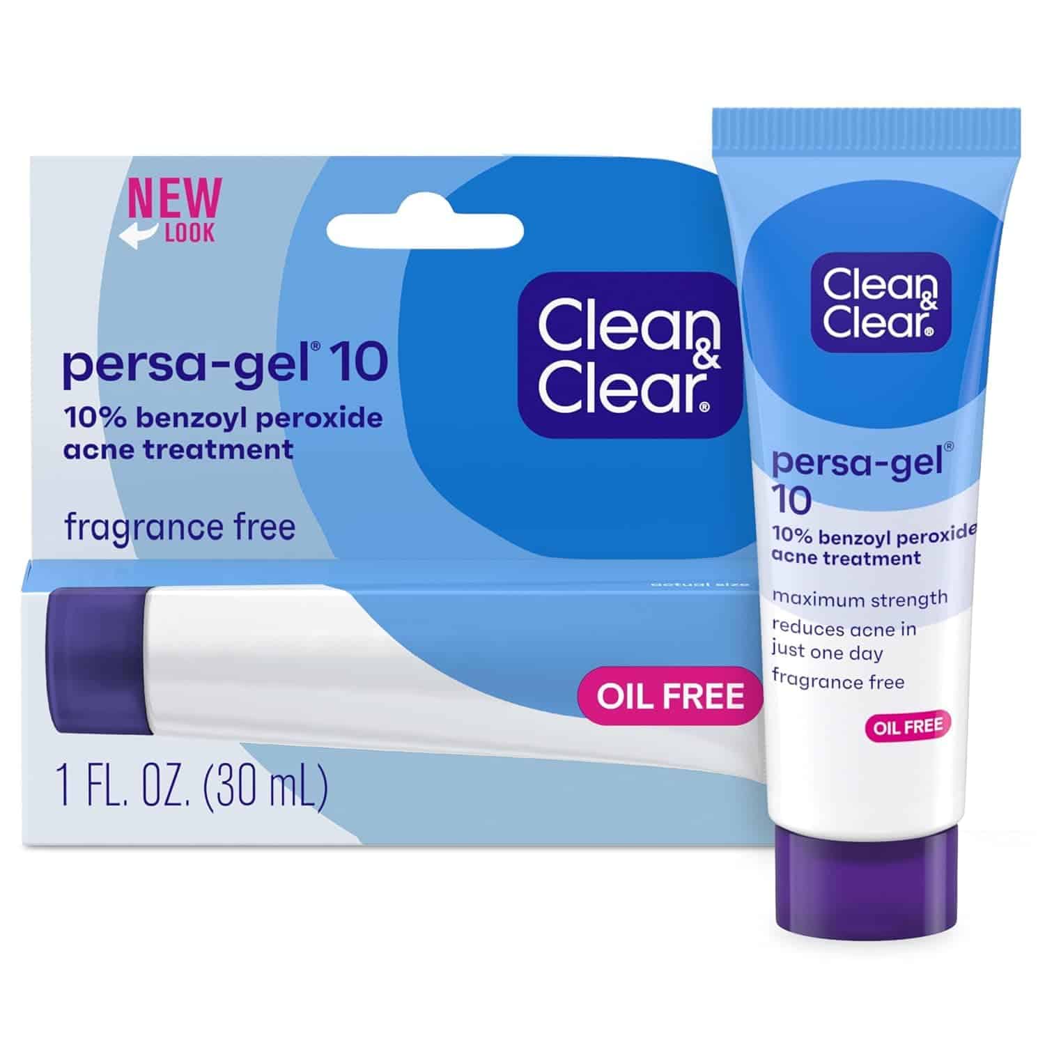 A tube of Clean & Clear Persa-Gel 10 10% benzoyl peroxide acne treatment with its box is shown against a white background.