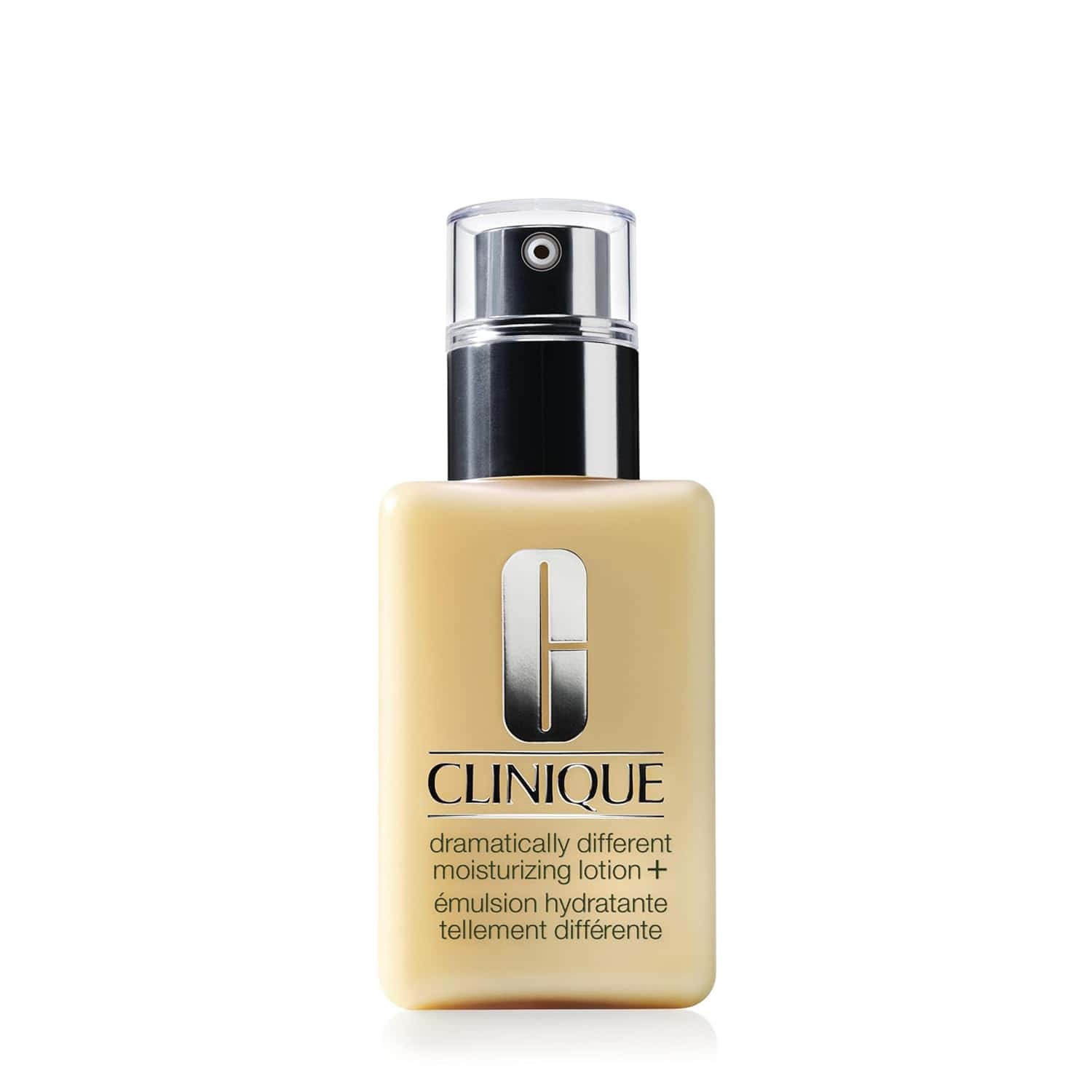 A bottle of Clinique Dramatically Different Moisturizing Lotion is shown against a white background.