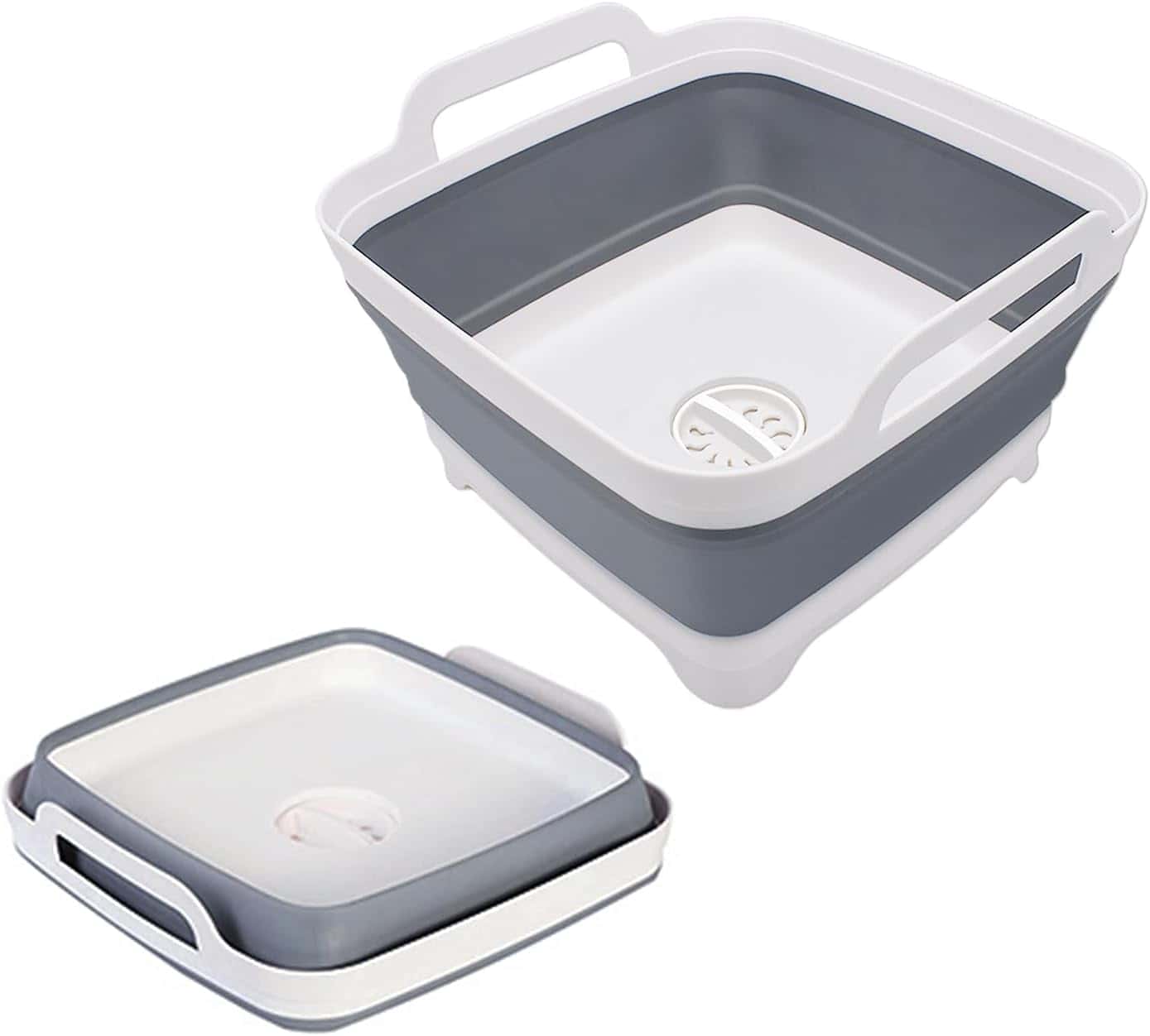 A white and gray collapsible dish basin with drain plug.