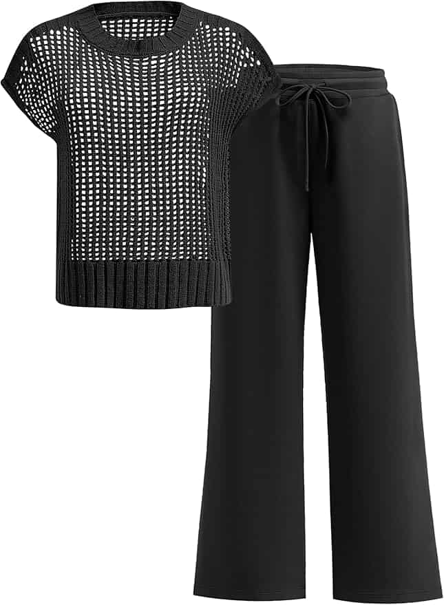 Black open-knit short-sleeve sweater paired with loose black drawstring wide-leg pants, displayed on a white background.