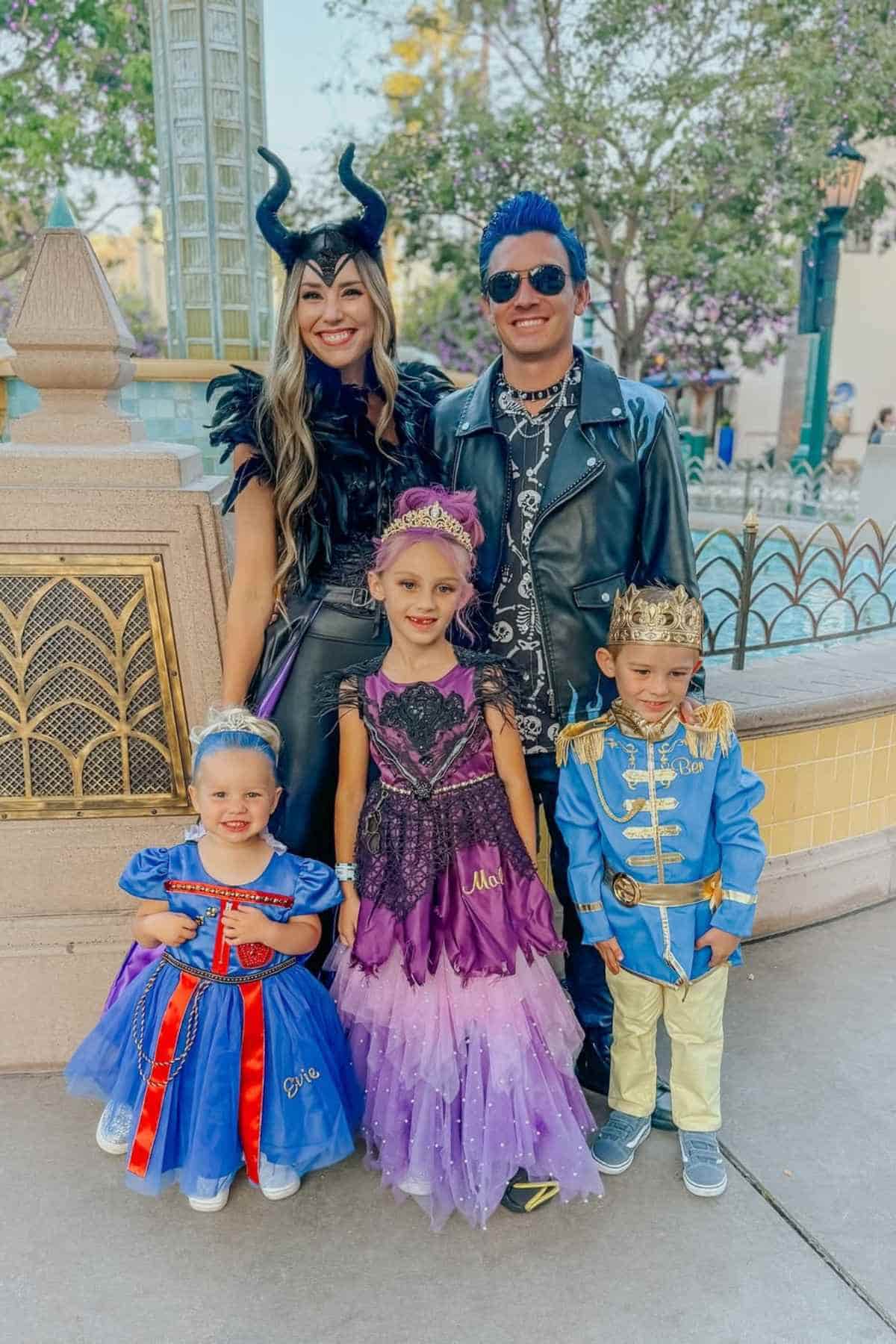 A family of five wearing "Descendants" costumes.