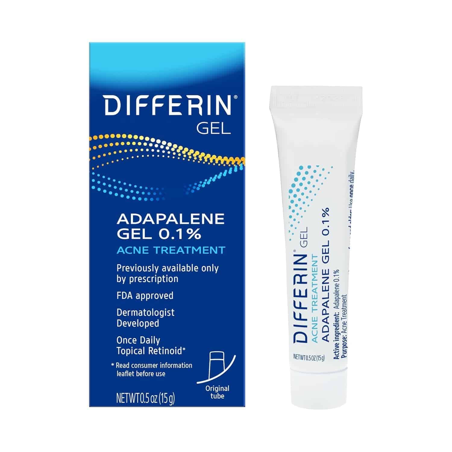 A tube of Differin Adapalene Gel 0.1% acne treatment with its box is shown against a white background.