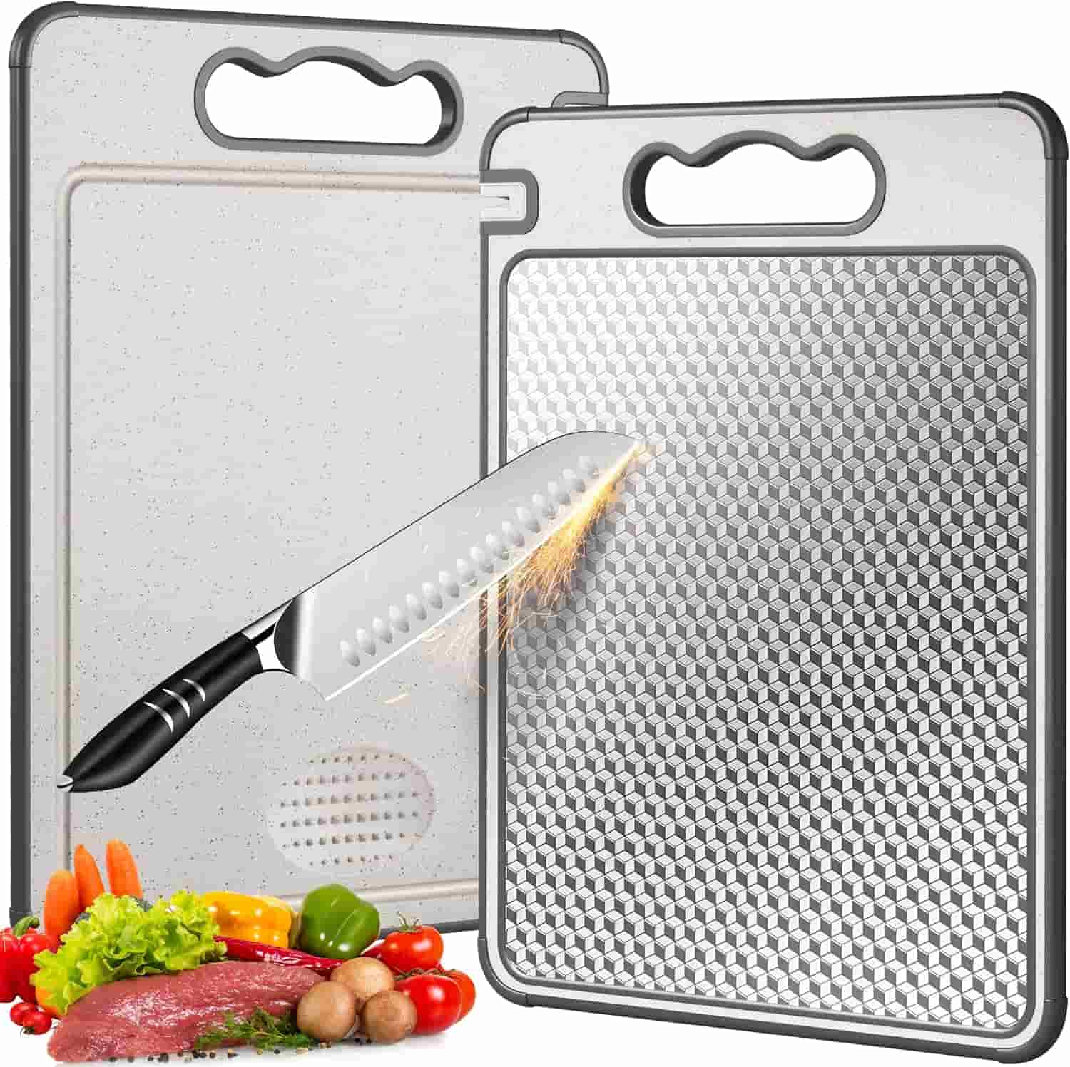 A double sided stainless steel cutting board.