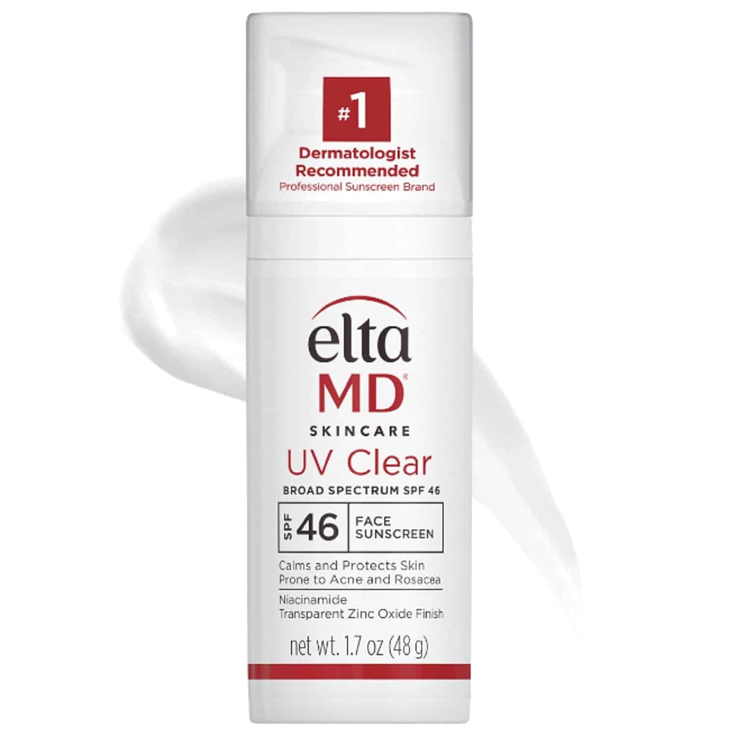 A tube of EltaMD UV Clear Broad Spectrum SPF 46 sunscreen is shown against a white background with a swipe of sunscreen.