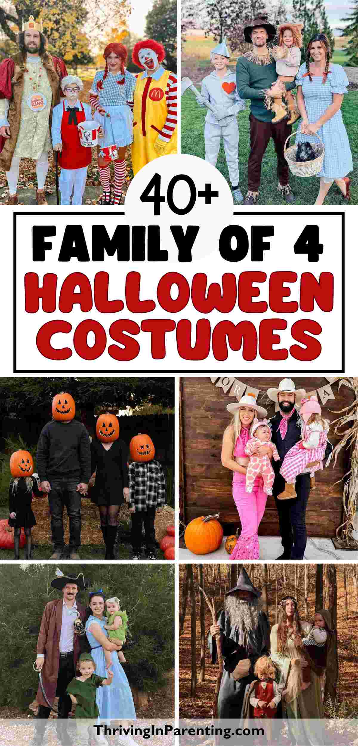 A collage of several family of 4 Halloween costumes.