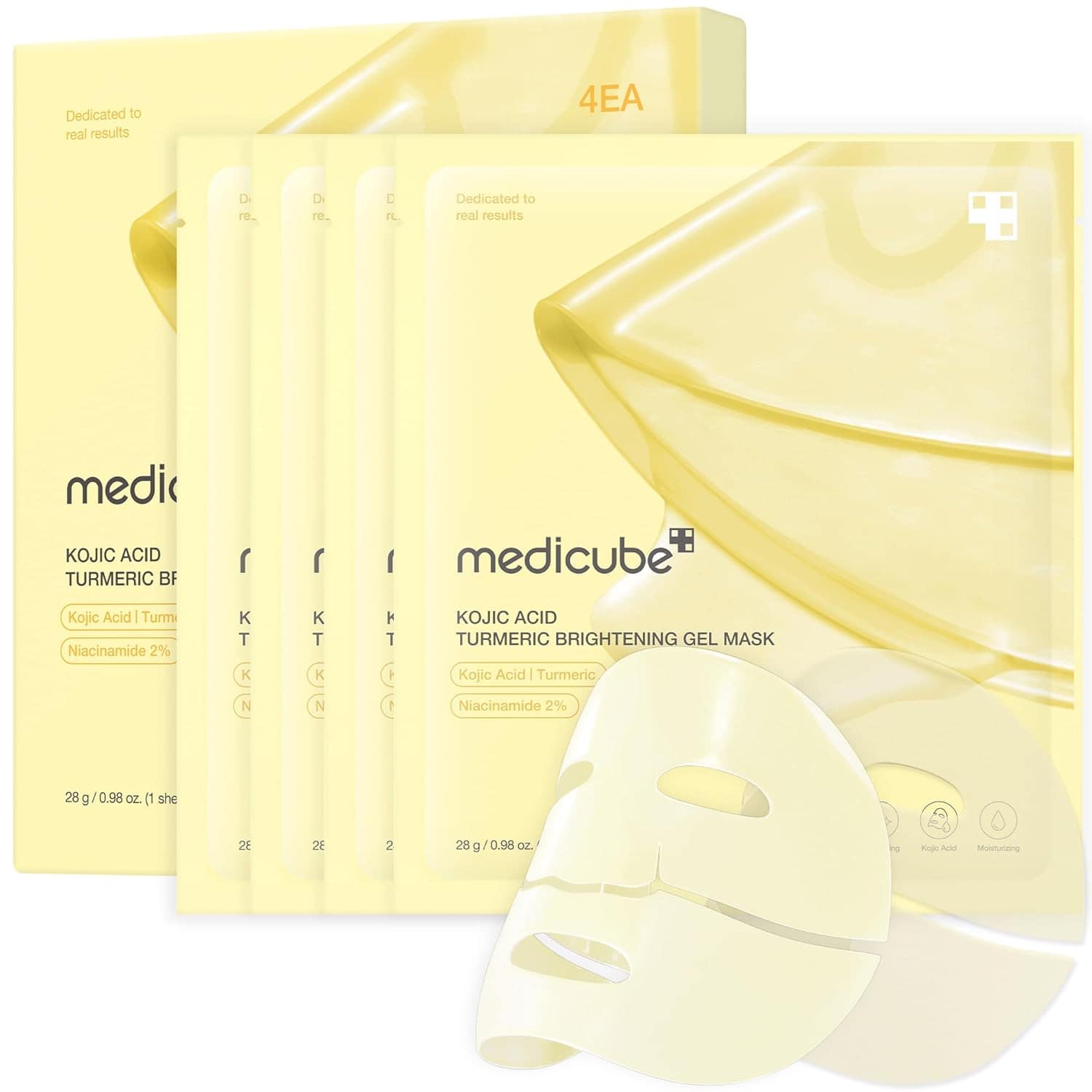 Four yellow Medicube Kojic Acid Turmeric Brightening Gel Mask packets and one unfolded white sheet mask displayed in front.