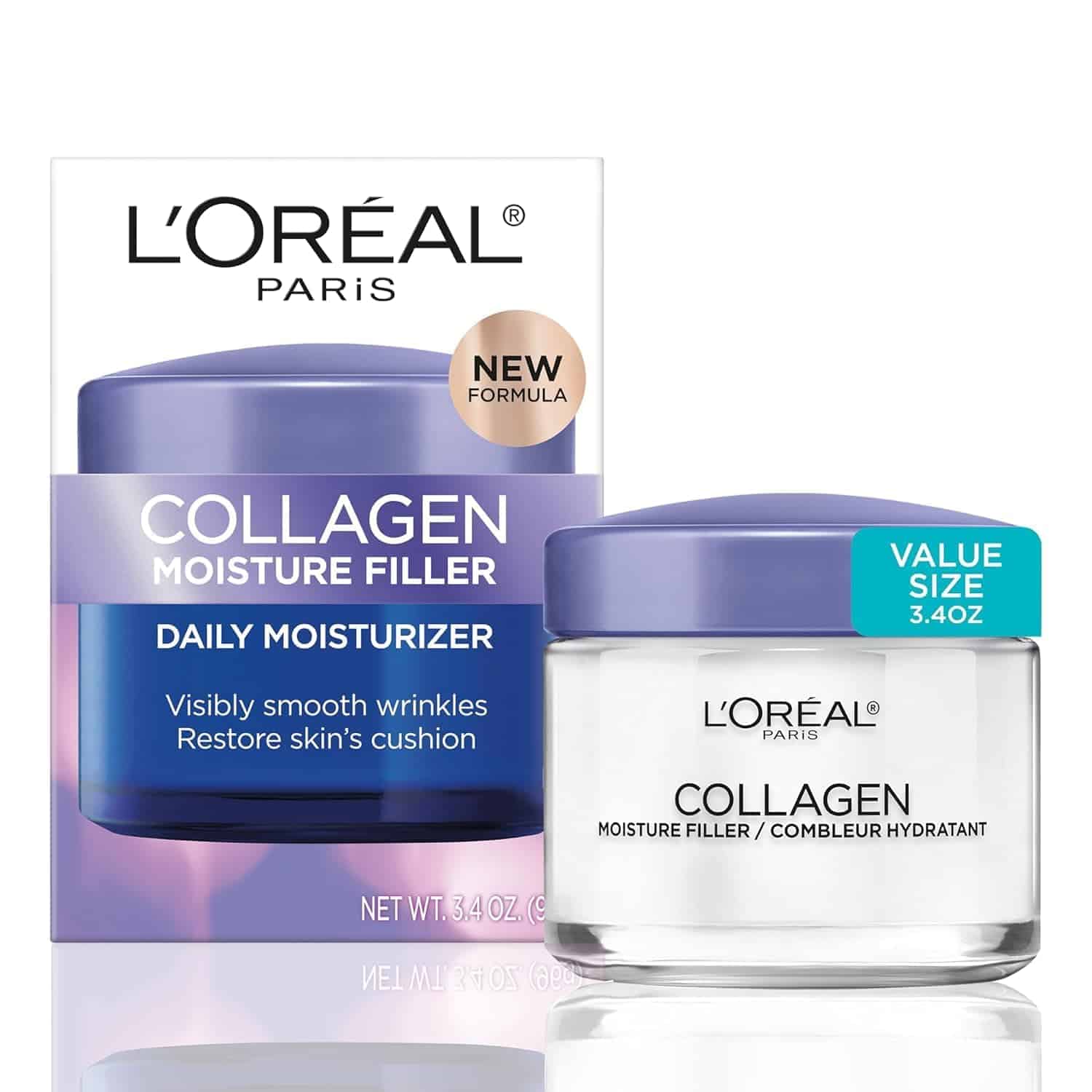 A jar of L'Oréal Paris Collagen Moisture Filler Daily Moisturizer with its box is shown against a white background.
