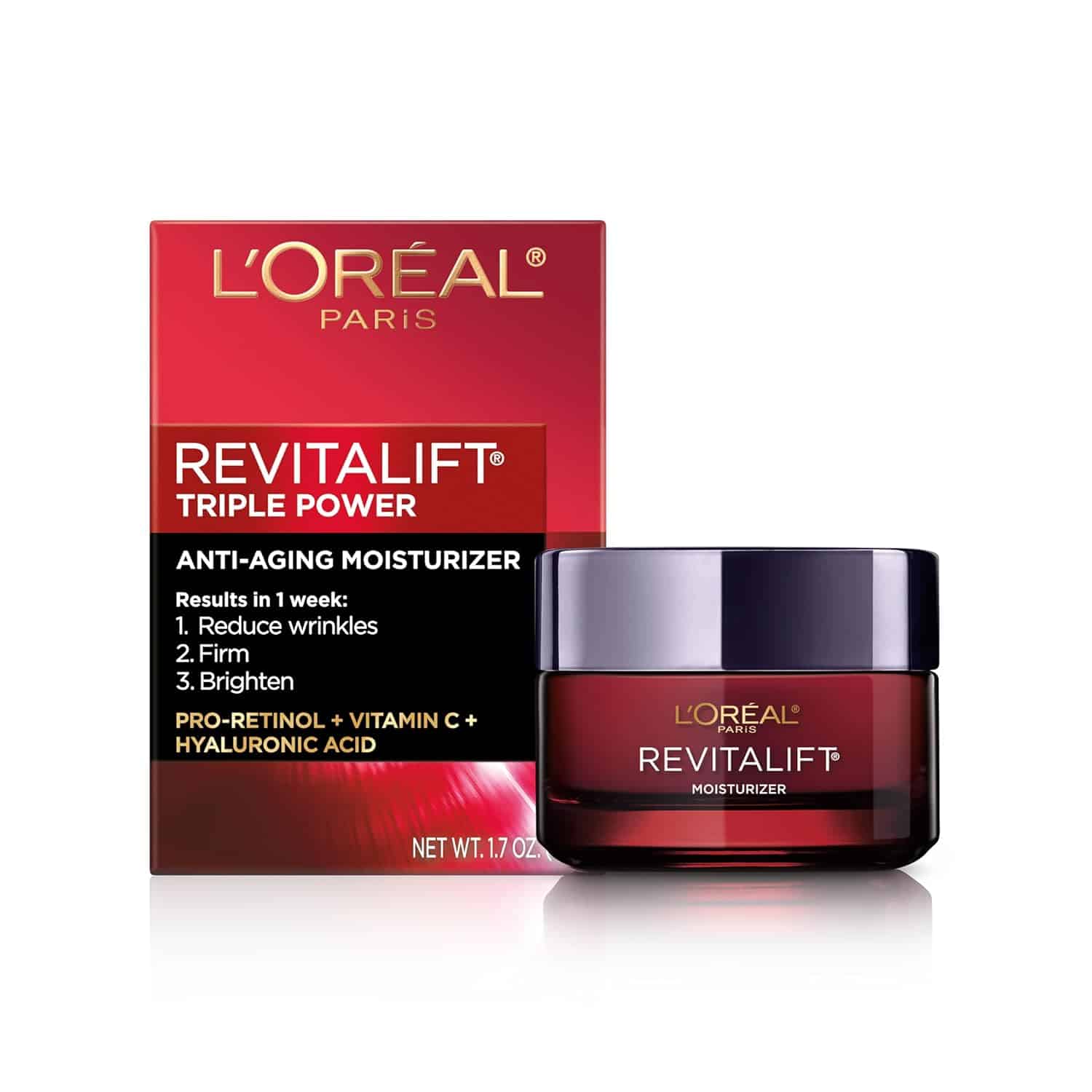 A jar of L'Oréal Paris Revitalift Triple Power Anti-Aging Moisturizer with its box is shown against a white background.