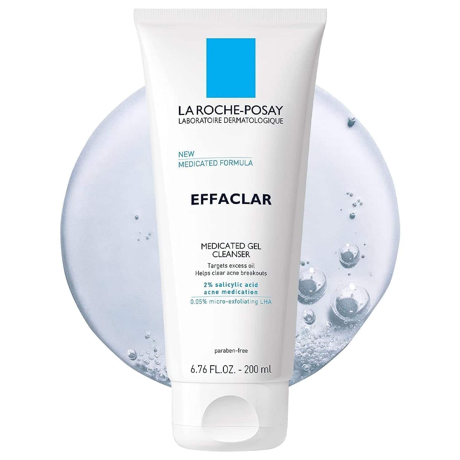 A tube of La Roche-Posay Effaclar Medicated Gel Cleanser is shown against a white background with a swipe of cleanser.