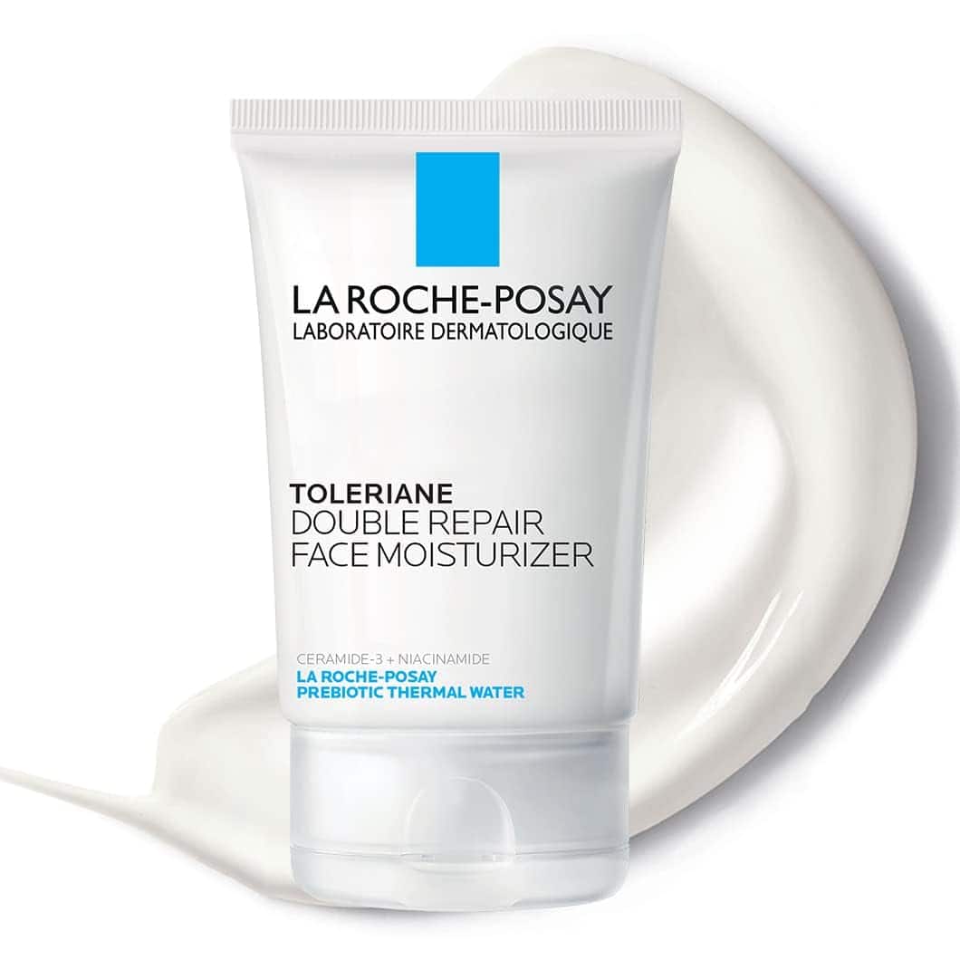 A tube of La Roche-Posay Toleriane Double Repair Face Moisturizer is shown against a white background with a swipe of moisturizer.