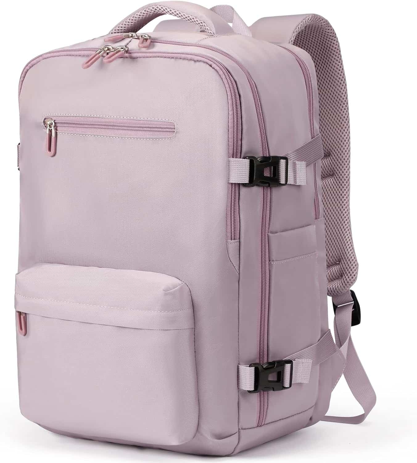 Light pink rectangular backpack with multiple zippered compartments, side straps, top handles, and padded shoulder straps.