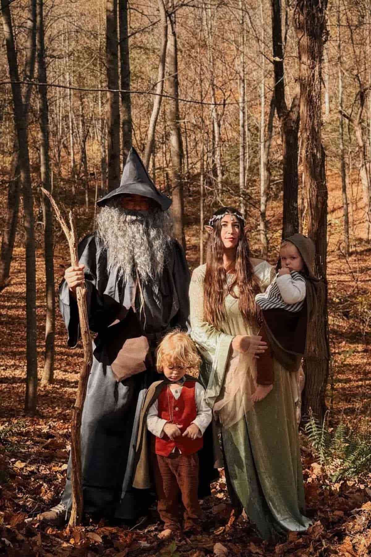 Four people in "The Lord of the Ring" costumes pose in a wooded area; one is dressed as a wizard, one as an elf, a child in a red vest, and a baby is carried in a wrap.