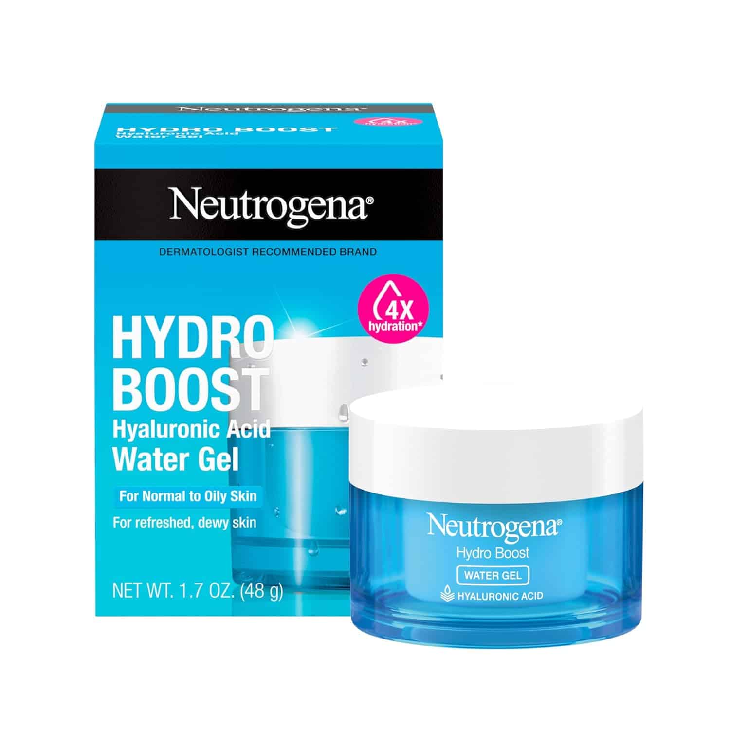 A jar of Neutrogena Hydro Boost Hyaluronic Acid Water Gel with its box is shown against a white background.