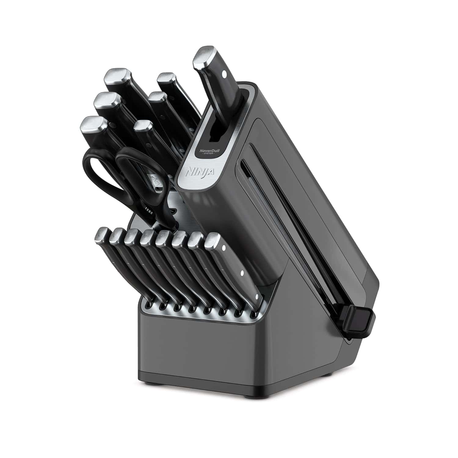 A black knife block set with multiple knives, kitchen scissors, and a built-in sharpener, all arranged neatly in designated slots.