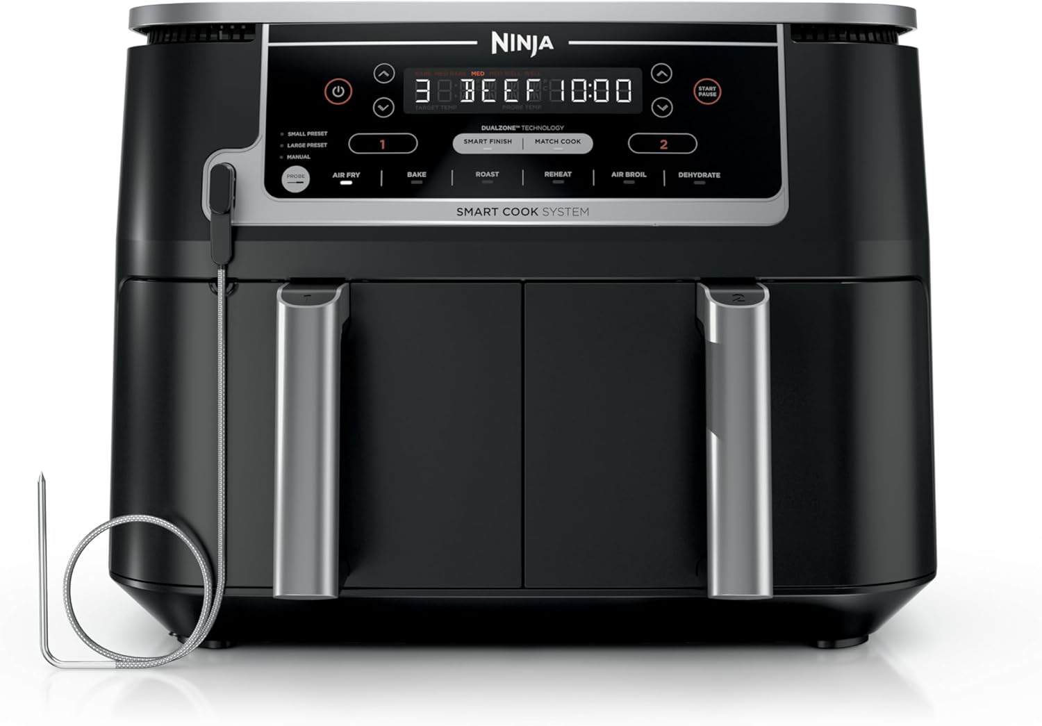 A black Ninja Smart Cook System air fryer with digital display, control buttons, dual drawers, and a connected temperature probe.