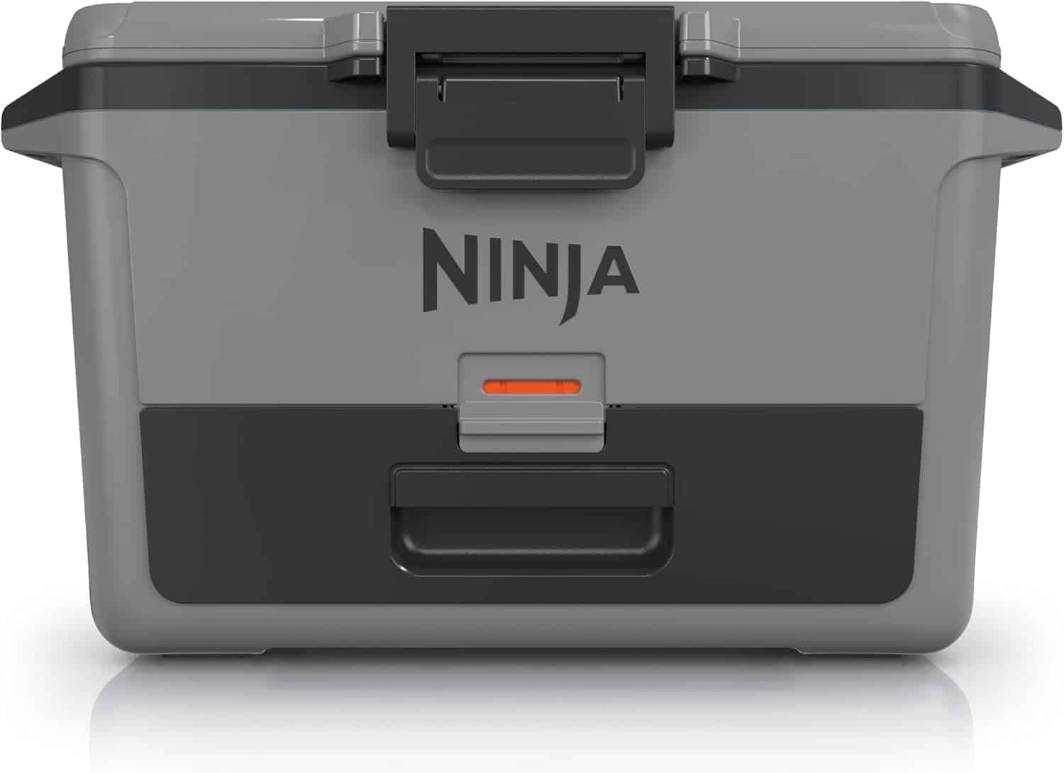 A gray and black Ninja storage box with a latch on top, a handle on the front, and the "NINJA" logo printed on the front panel.