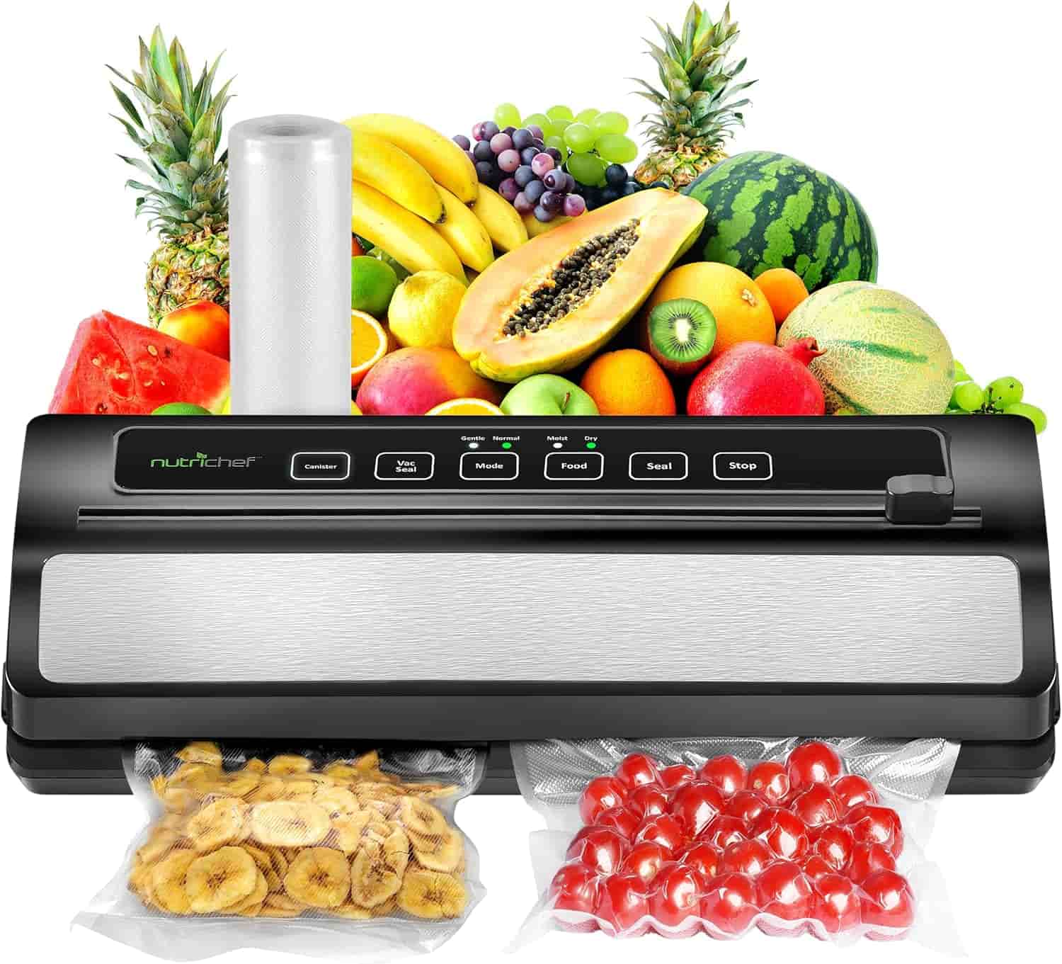 A vacuum sealer with fruits and vegetables in it.