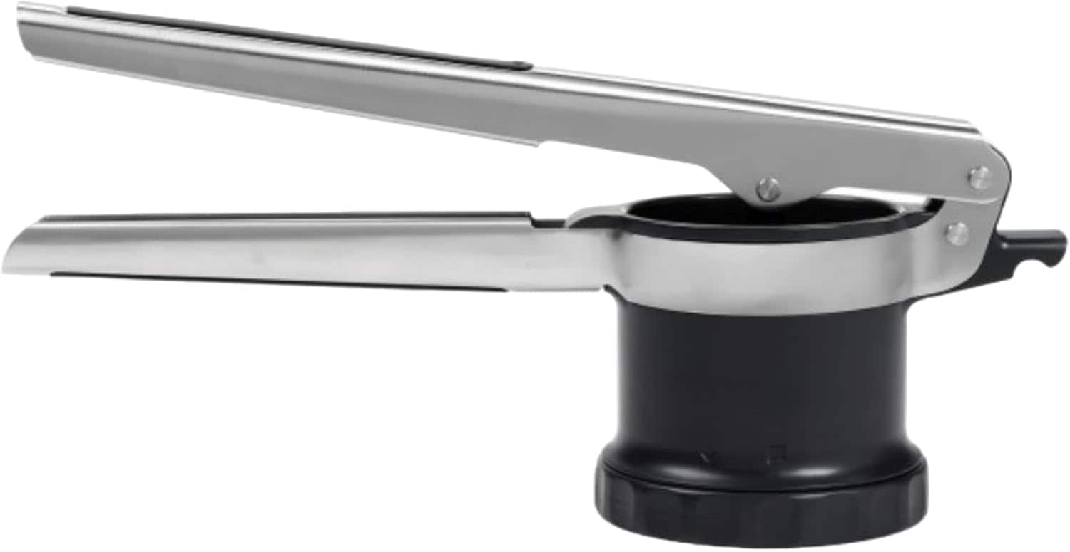 A metal and plastic handheld potato ricer with two long handles and a cylindrical chamber for pressing food.