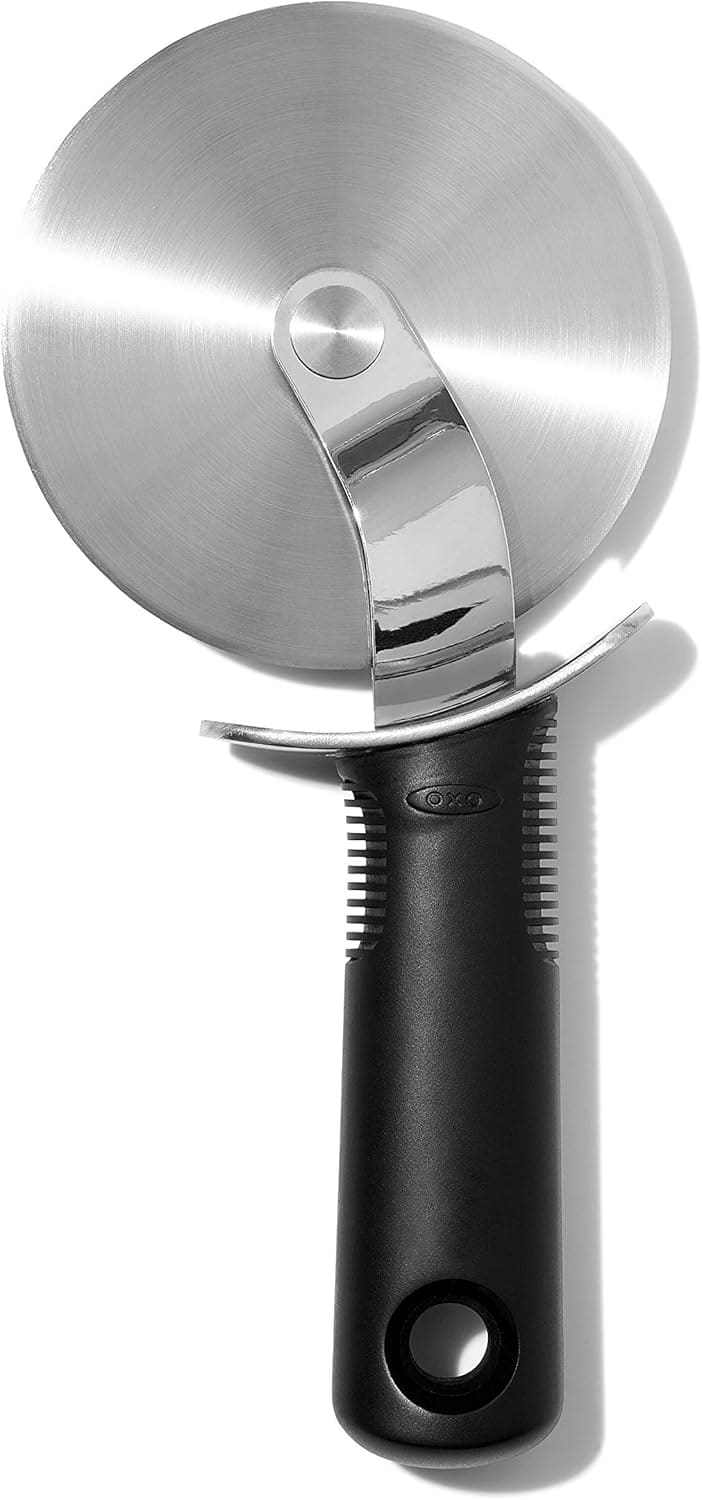 A stainless steel pizza cutter with a round blade and a black ergonomic handle, shown against a white background.