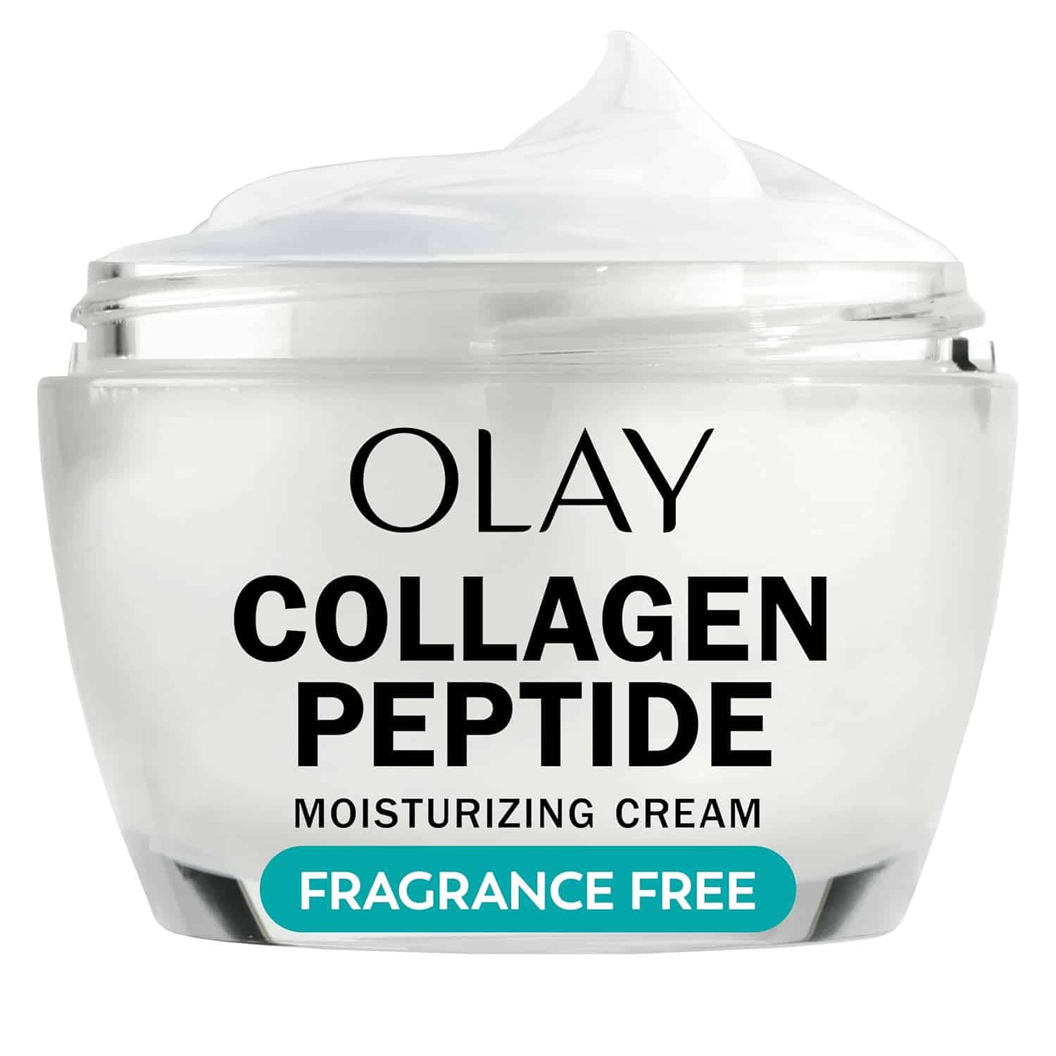 A jar of Olay Collagen Peptide Moisturizing Cream is shown against a white background.
