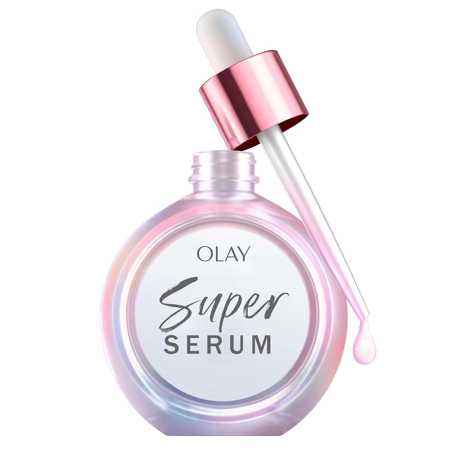 A bottle of Olay Super Serum with a rose gold dropper is shown against a white background.
