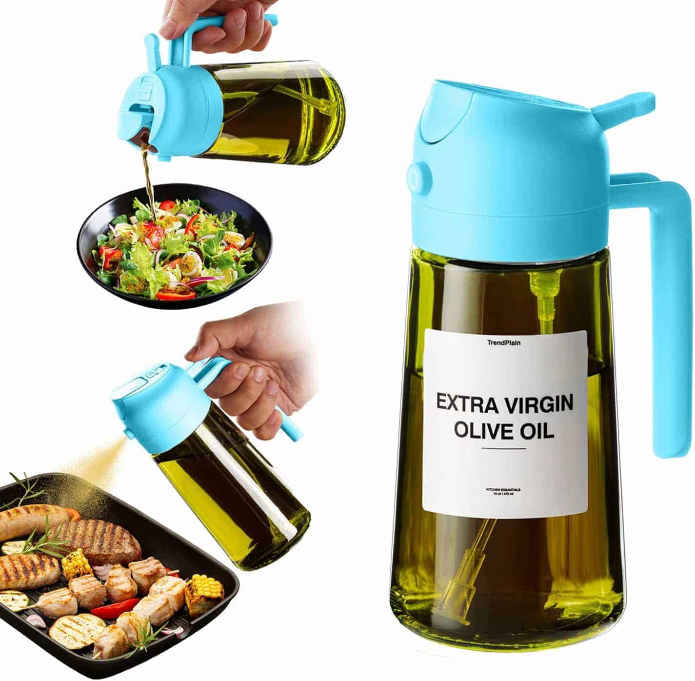 A blue-capped dispenser labeled "Extra Virgin Olive Oil" is shown being used to pour oil onto a salad and grilled food.