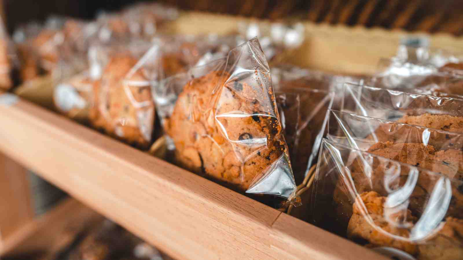 Several individually packaged cookies are displayed on a wooden shelf.