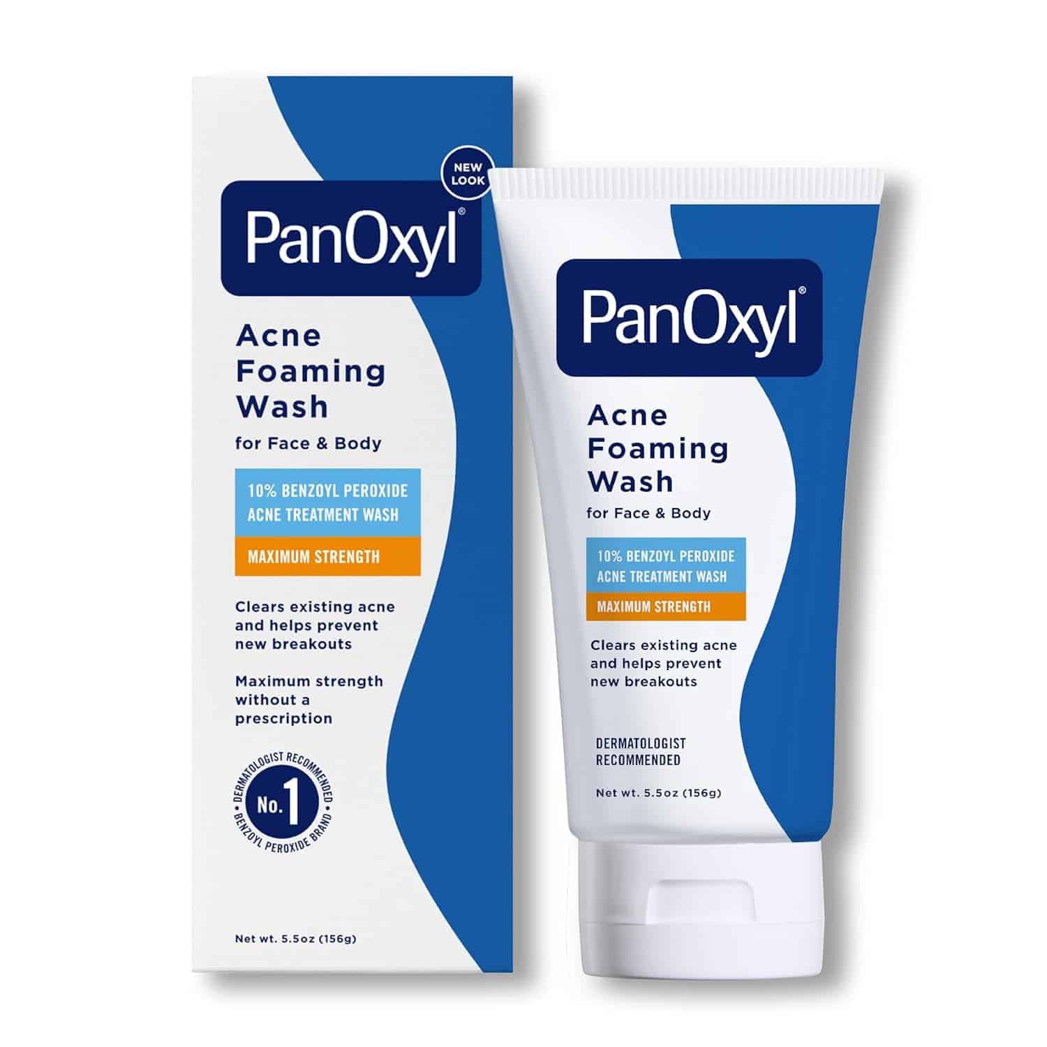 A tube of PanOxyl Acne Foaming Wash with its box is shown against a white background.