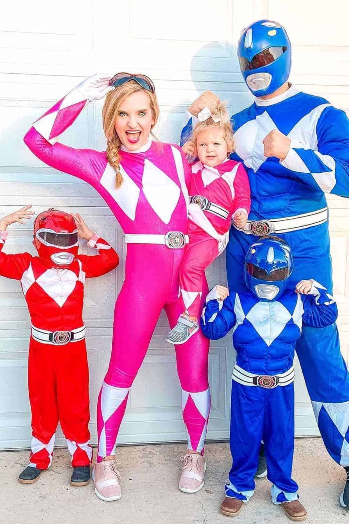A family of five wearing Power Ranger-inspired costumes.
