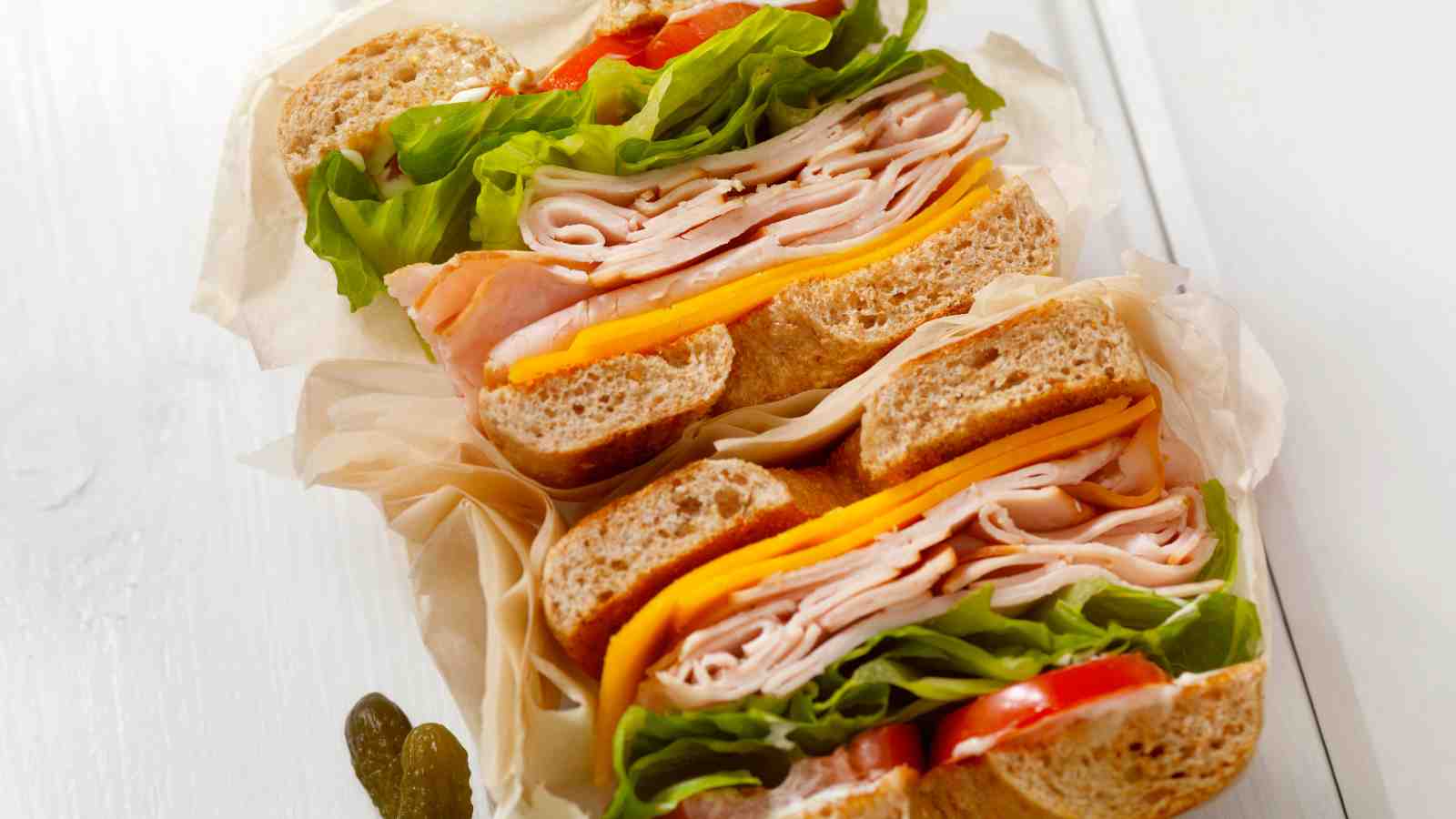 Two turkey and cheese bagels are shown cut in half, layered with lettuce and tomato, in a paper wrapper next to some pickles.