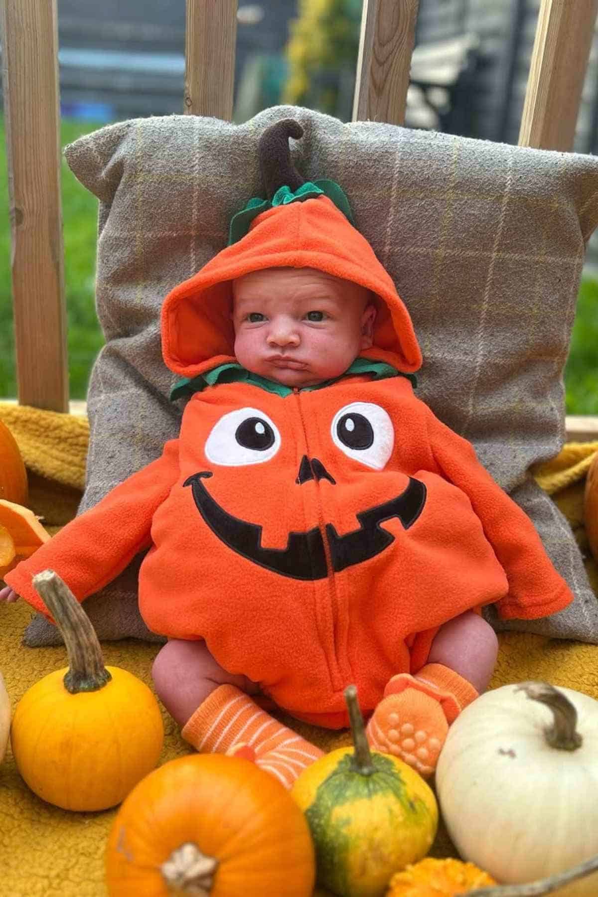 Baby dressed in a classic pumpkin onesie with a hood, surrounded by small pumpkins.