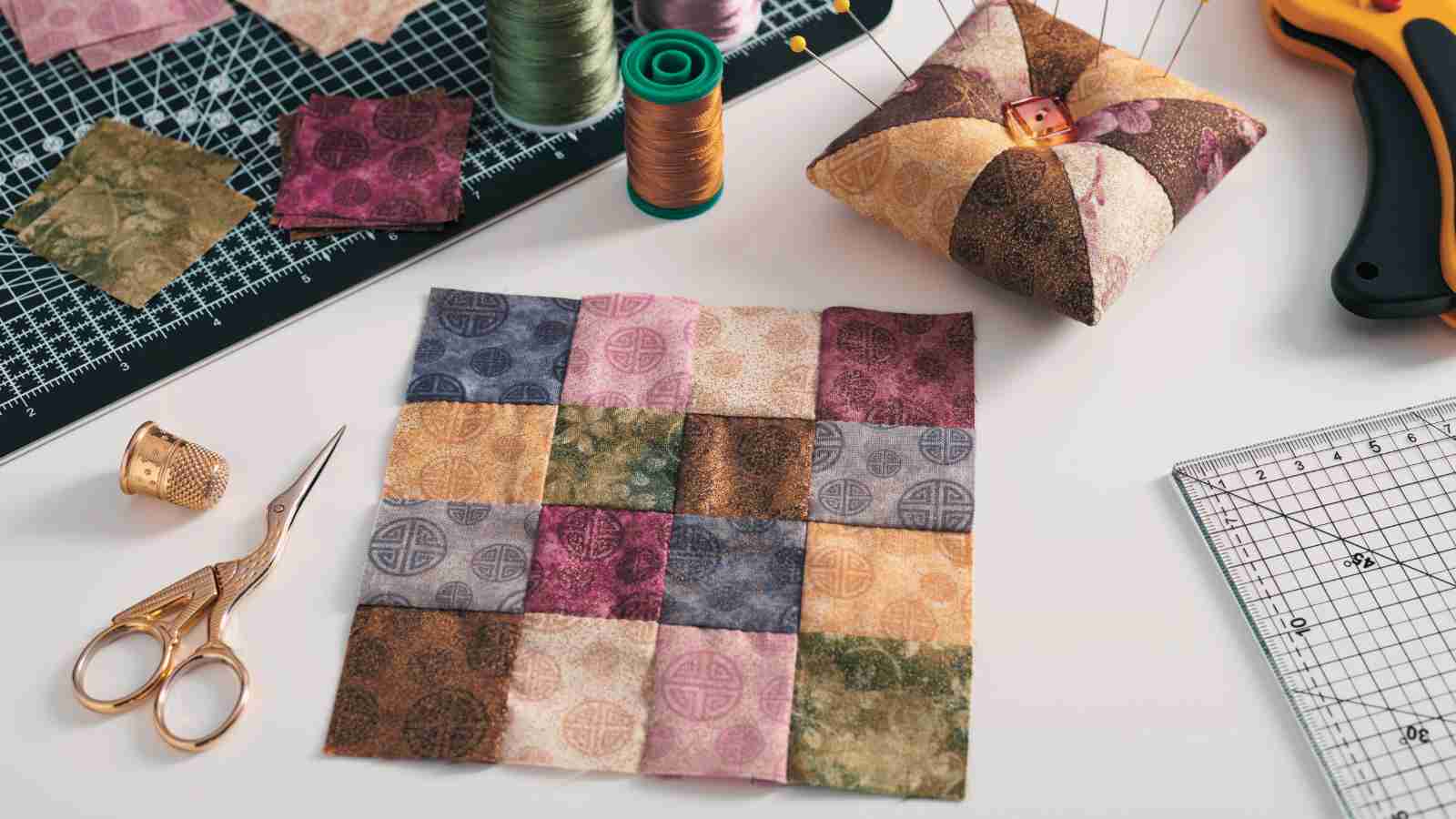 A patchwork quilt square is surrounded by quilting supplies including fabric scraps, thread spools, scissors, a thimble, a pincushion, and a ruler.
