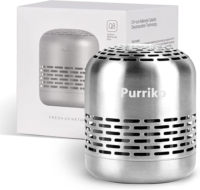 A stainless steel Purriko odor removal box with vented design is shown in front of its product packaging.