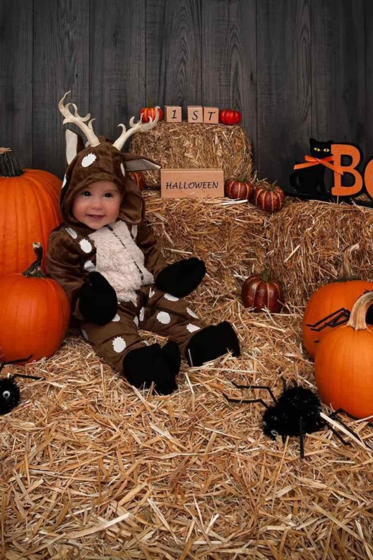 A baby wearing a reindeer costume sitting on a hay with some pumpkins surround him.
