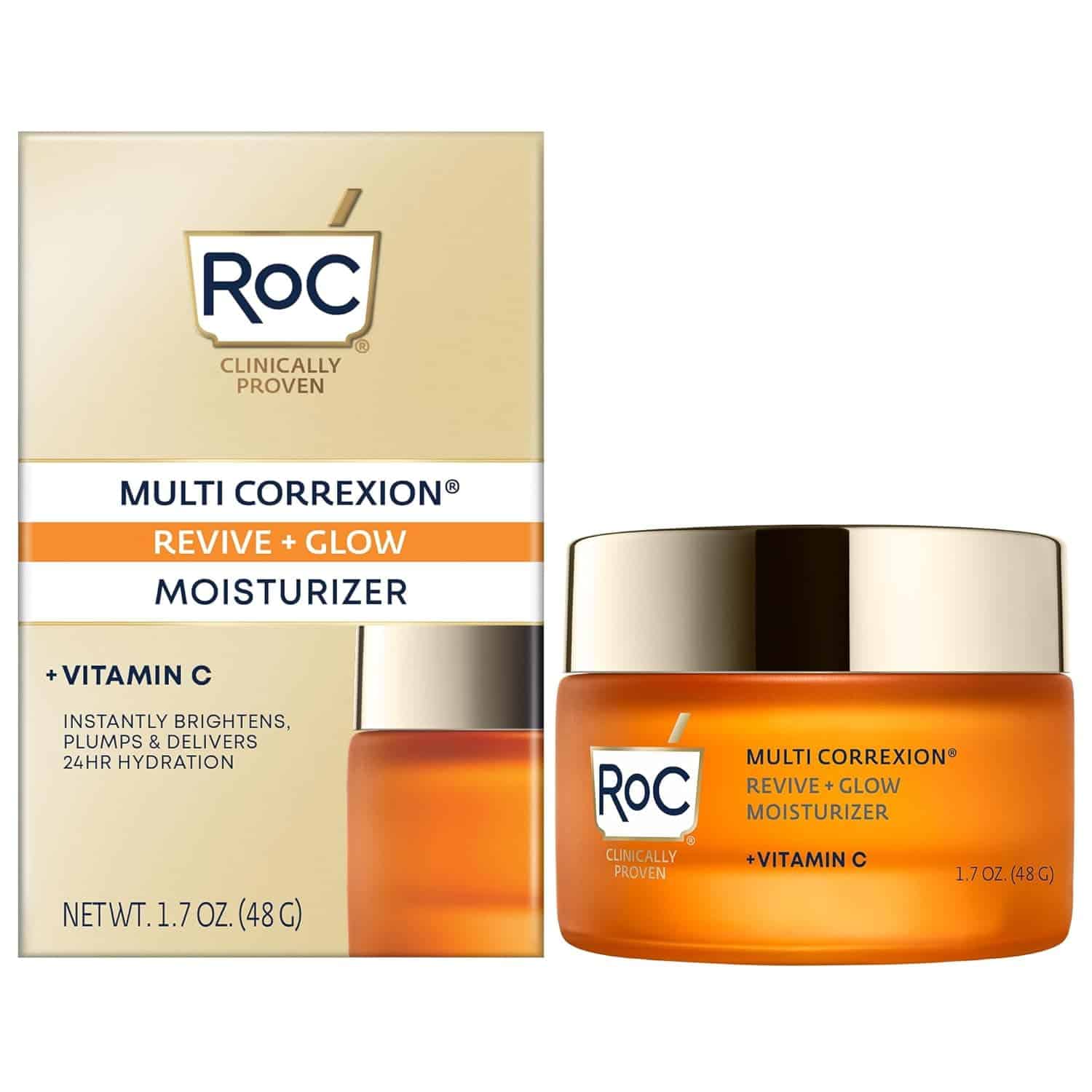 A jar of RoC Multi Correxion Revive + Glow Moisturizer with its box is shown against a white background.