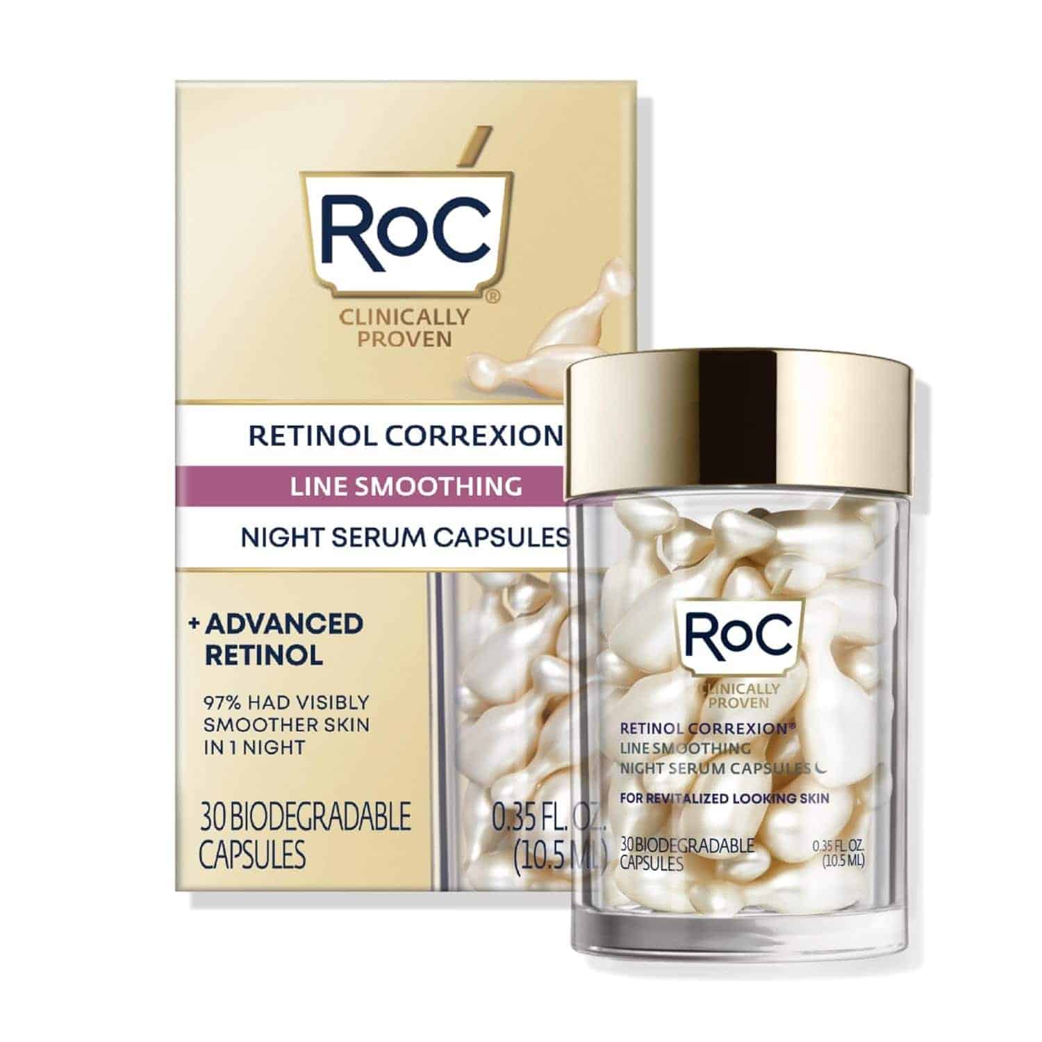 A jar of RoC Retinol Correxion Line Smoothing Night Serum Capsules with its box is shown against a white background.