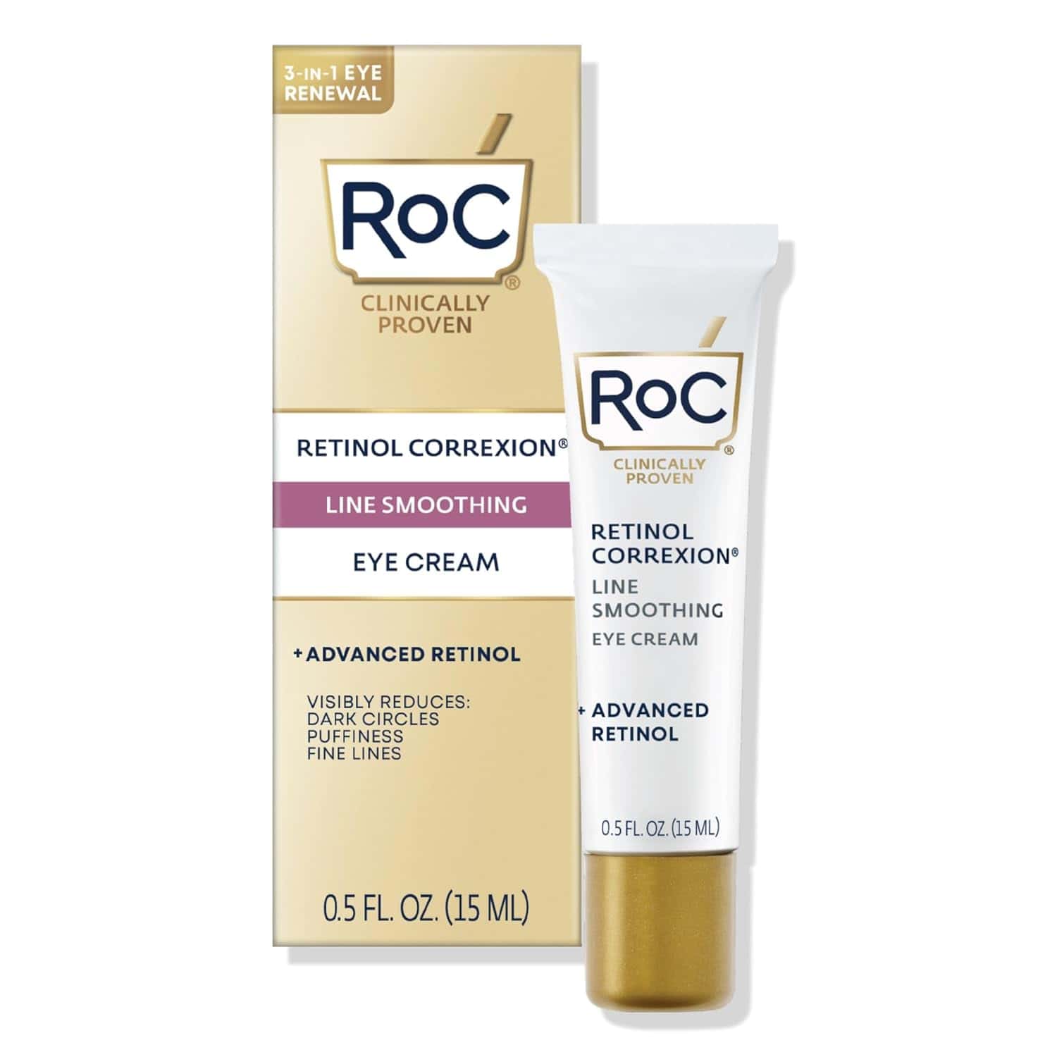 A tube of RoC Retinol Correxion Line Smoothing Eye Cream with its box is shown against a white background.